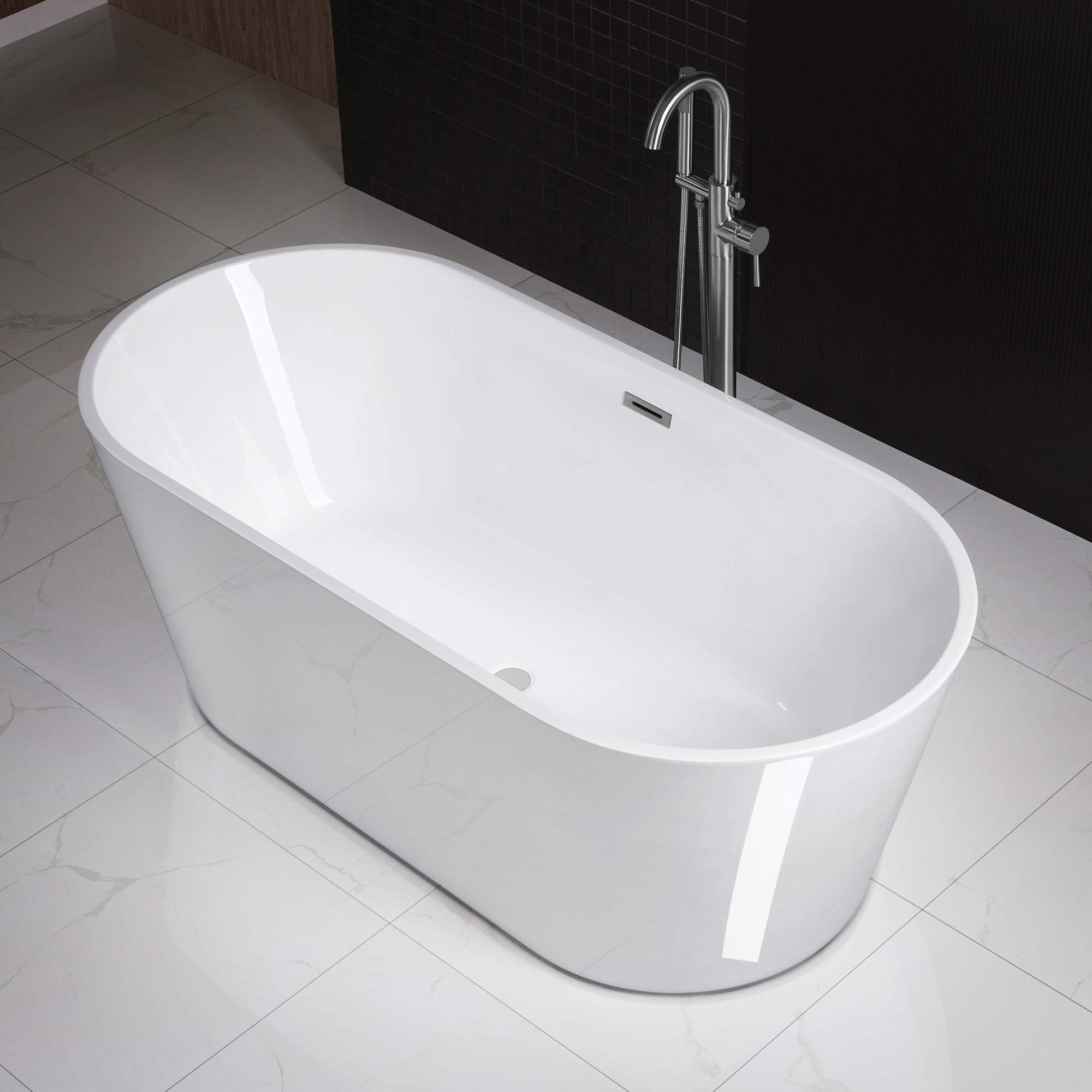 WOODBRIDGE 67" Acrylic Freestanding Bathtub Contemporary Soaking Tub, White Acrylic (Matte Black Drain/Overflow), B0013-MB-Drain &O