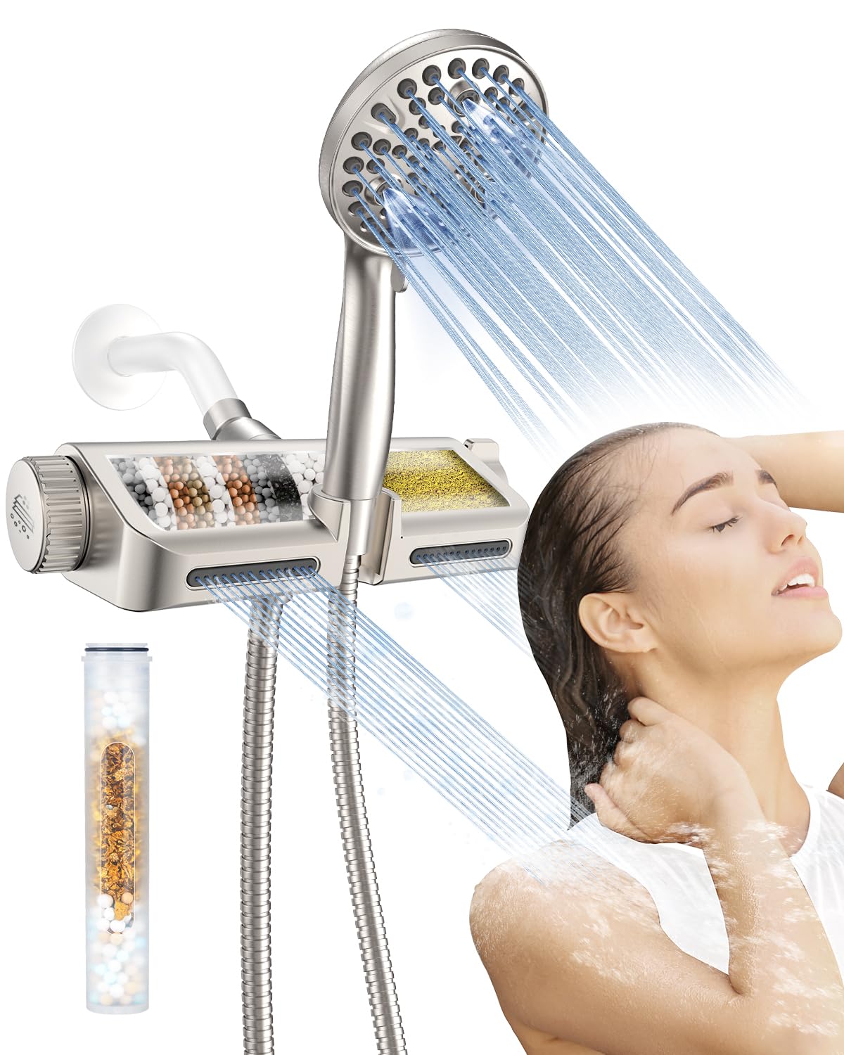 MakeFit Filtered Shower Head with Handheld Combo - Dual 2-in-1 Spa System with Massage Shower Head and 10 Modes Hand Held Shower Head, High Pressure, Built in Power Wash Mode (Chrome)