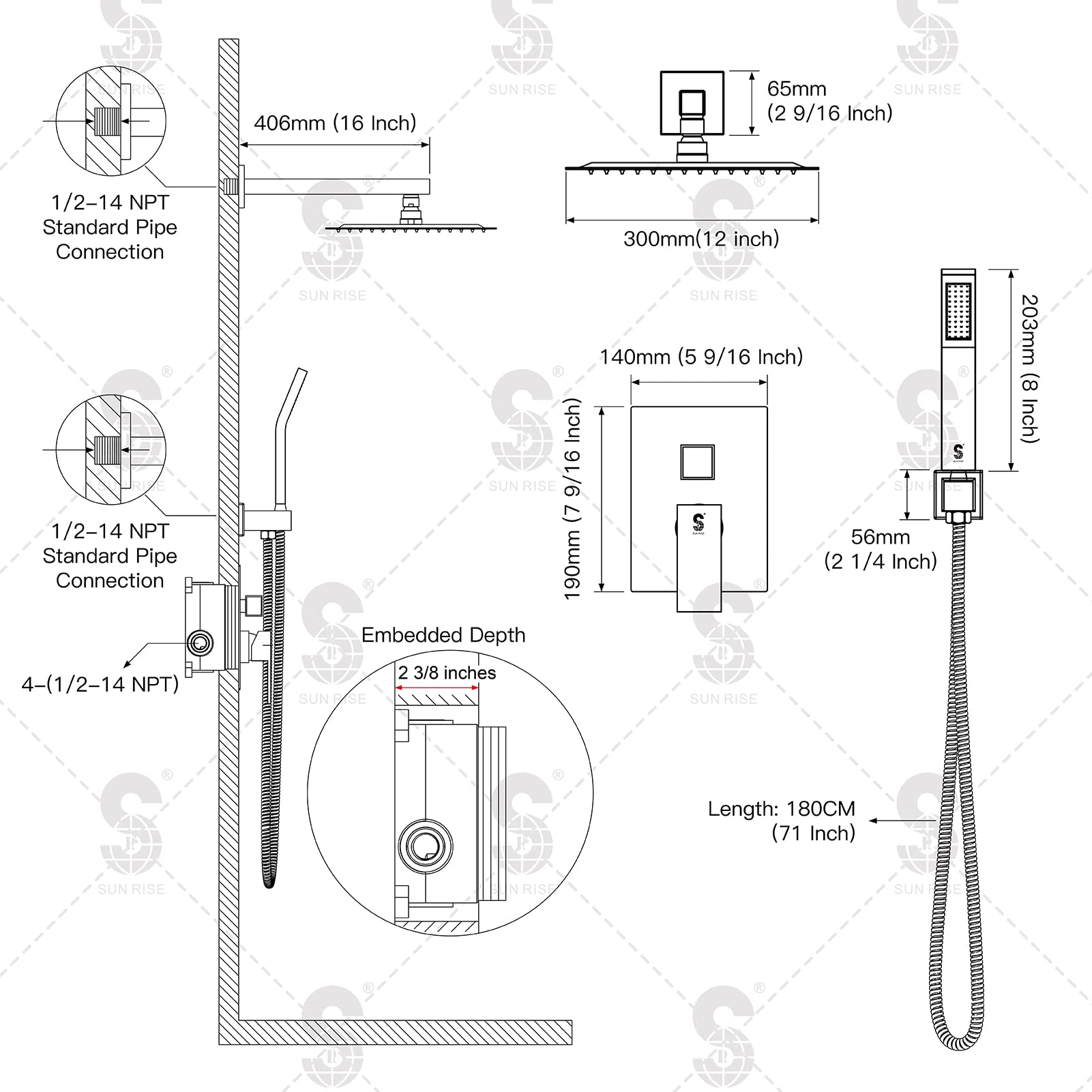 SR SUN RISE Shower Faucet Set Bathroom Square Rain Shower Head with Handheld Spray Wall Mounted Rainfall Shower Fixtures Brushed Nickel Shower Faucet Trim Repair Kits (Contain Shower Valve)