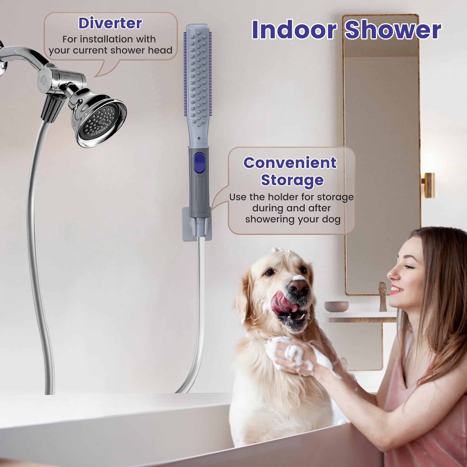 Shandus Professional Dog Shower Head, Dog Shower Attachment, Pet Shower Head for Dogs, Indoor Outdoor Dog Bath Wand Sprayer Includes 8-Foot Flex Hose, 3 Spraying Mode On/Off