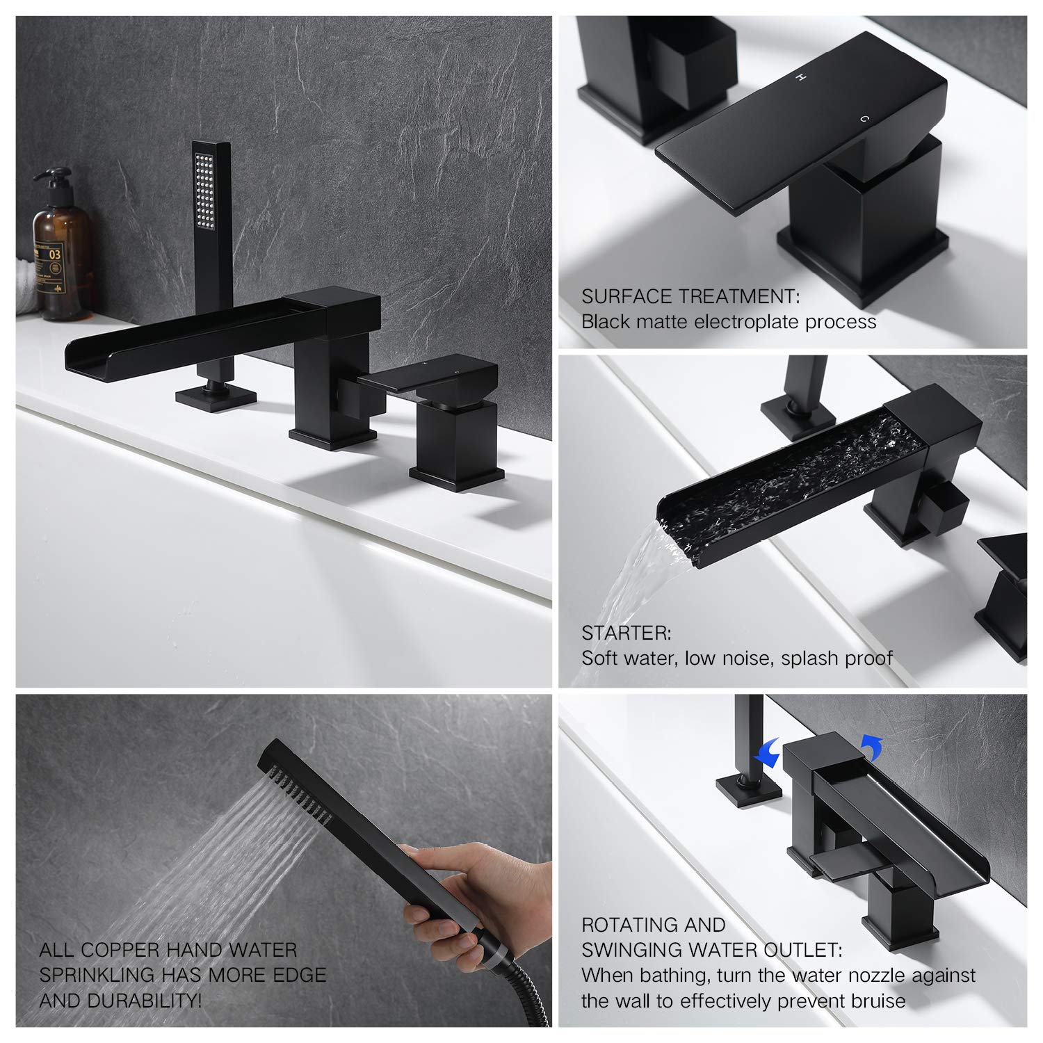 TapLong Waterfall Roman Tub Faucet with Hand Shower, Deck Mount 3 Hole Bathtub Faucet Set High Flow Bath Tub Faucet Set Deck Mount Solid Brass, Matte Black,03766B