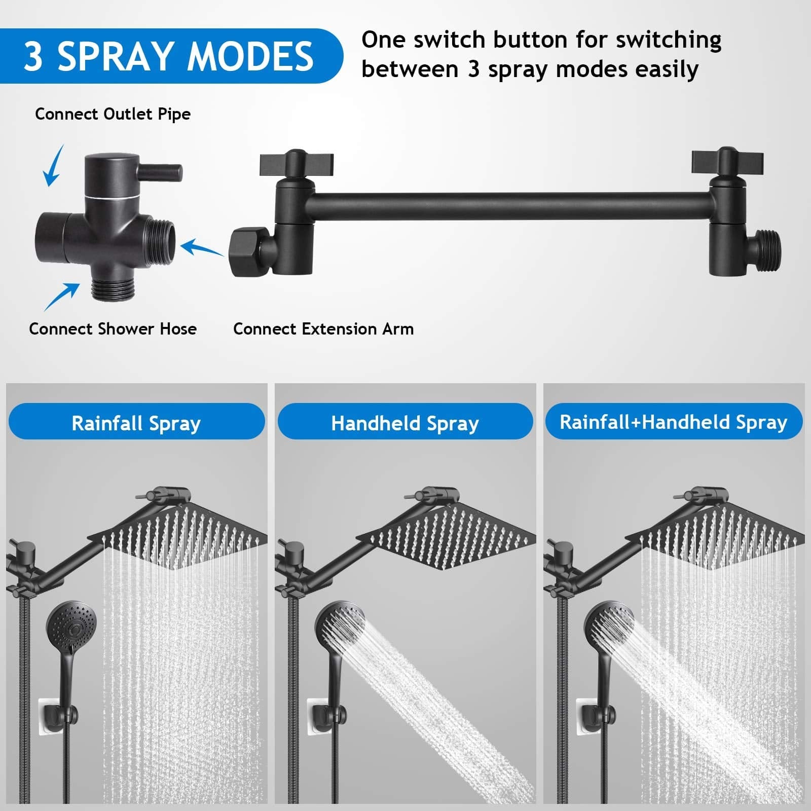 Shower Head Combo,10 Inch High Pressure Rain Shower Head with 11 Inch Adjustable Extension Arm and 5 Settings Handheld ,Powerful Shower Spray Against Low Pressure Water with Long Hose