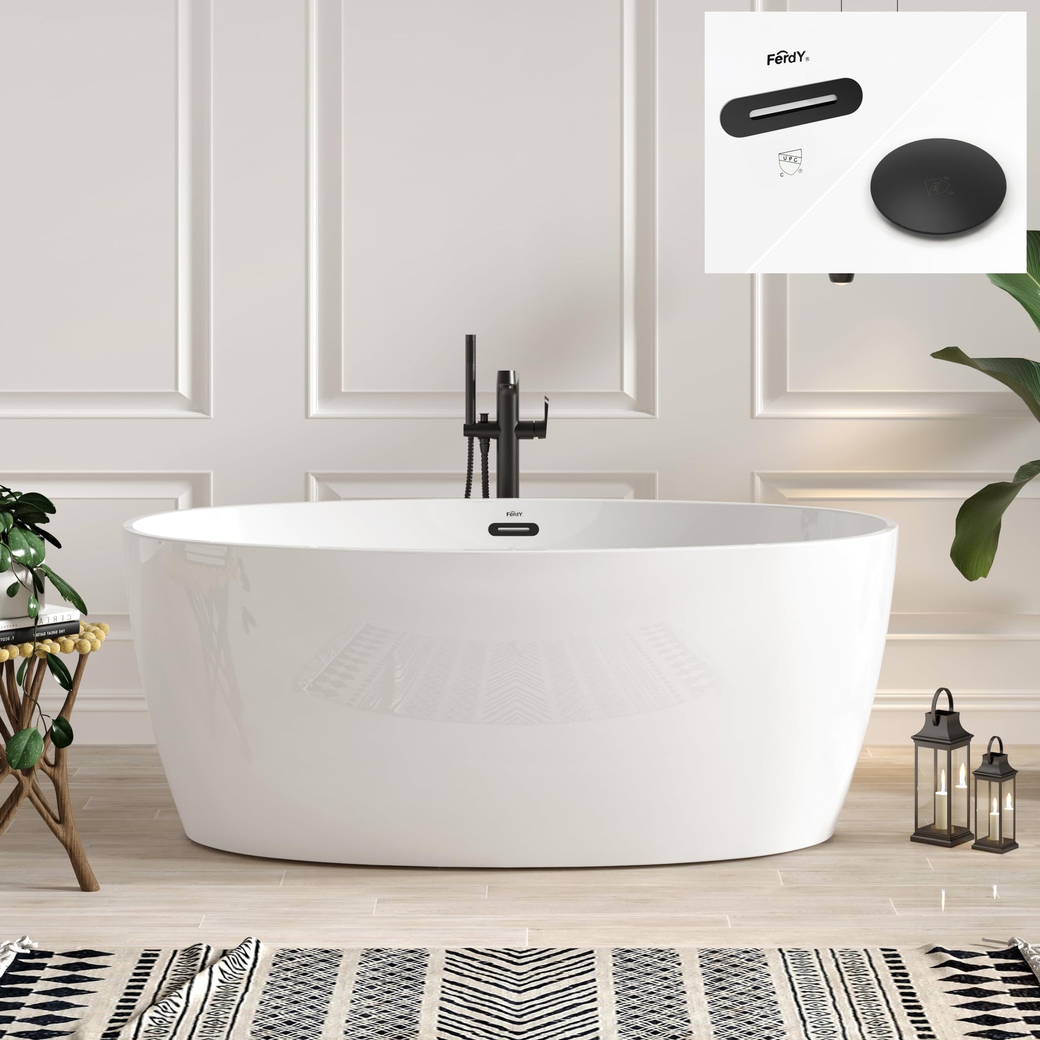 FerdY Tahiti 55" Acrylic Freestanding Bathtub, Elegant Oval Shape Soaking Bathtub, Glossy White, Brushed Nickel Drain & Integrated Slotted Overflow Assembly Included cUPC Certified