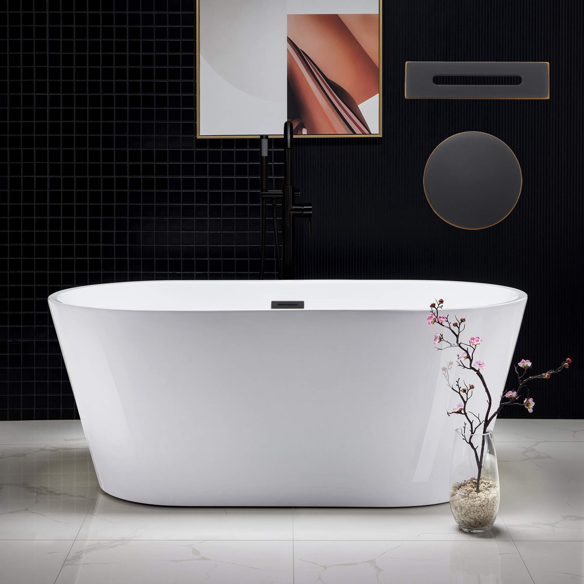 WOODBRIDGE 67" Acrylic Freestanding Bathtub Contemporary Soaking Tub, White Acrylic (Matte Black Drain/Overflow), B0013-MB-Drain &O