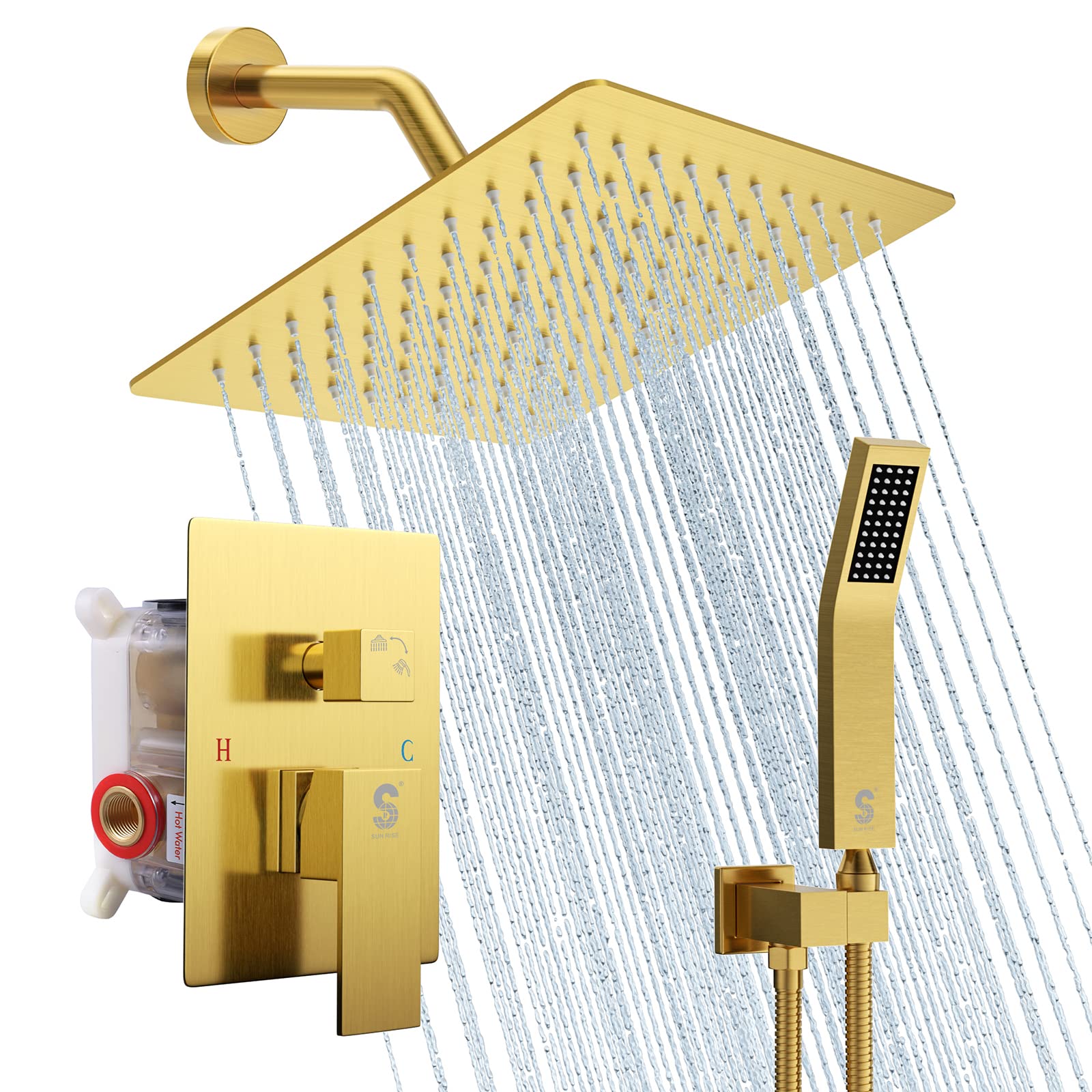 SR SUN RISE Shower Faucet Set Bathroom Square Rain Shower Head with Handheld Spray Wall Mounted Rainfall Shower Fixtures Brushed Nickel Shower Faucet Trim Repair Kits (Contain Shower Valve)