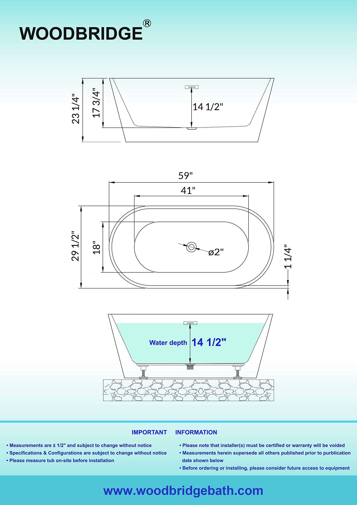 WOODBRIDGE 67" Acrylic Freestanding Bathtub Contemporary Soaking Tub, White Acrylic (Matte Black Drain/Overflow), B0013-MB-Drain &O