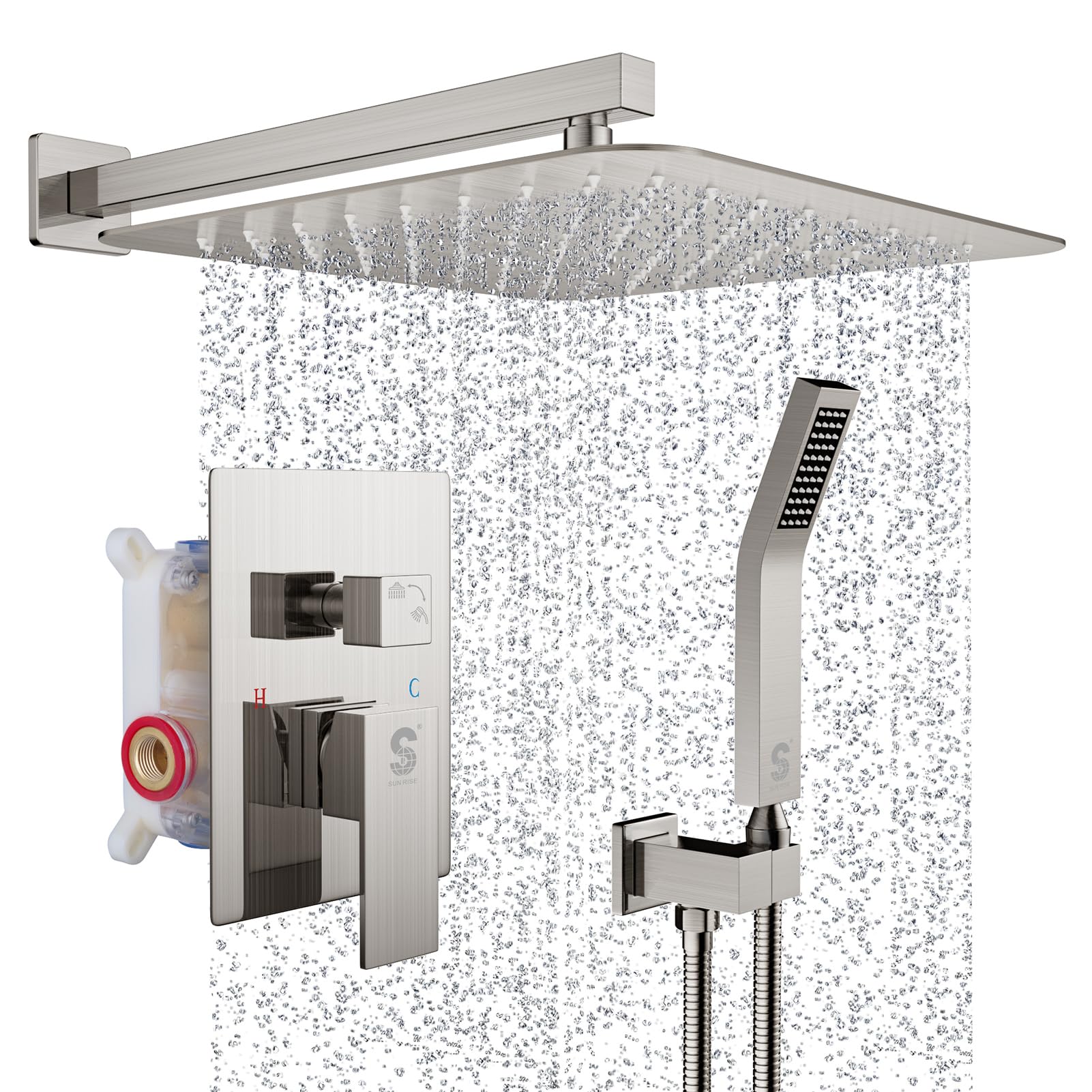 SR SUN RISE Shower Faucet Set Bathroom Square Rain Shower Head with Handheld Spray Wall Mounted Rainfall Shower Fixtures Brushed Nickel Shower Faucet Trim Repair Kits (Contain Shower Valve)