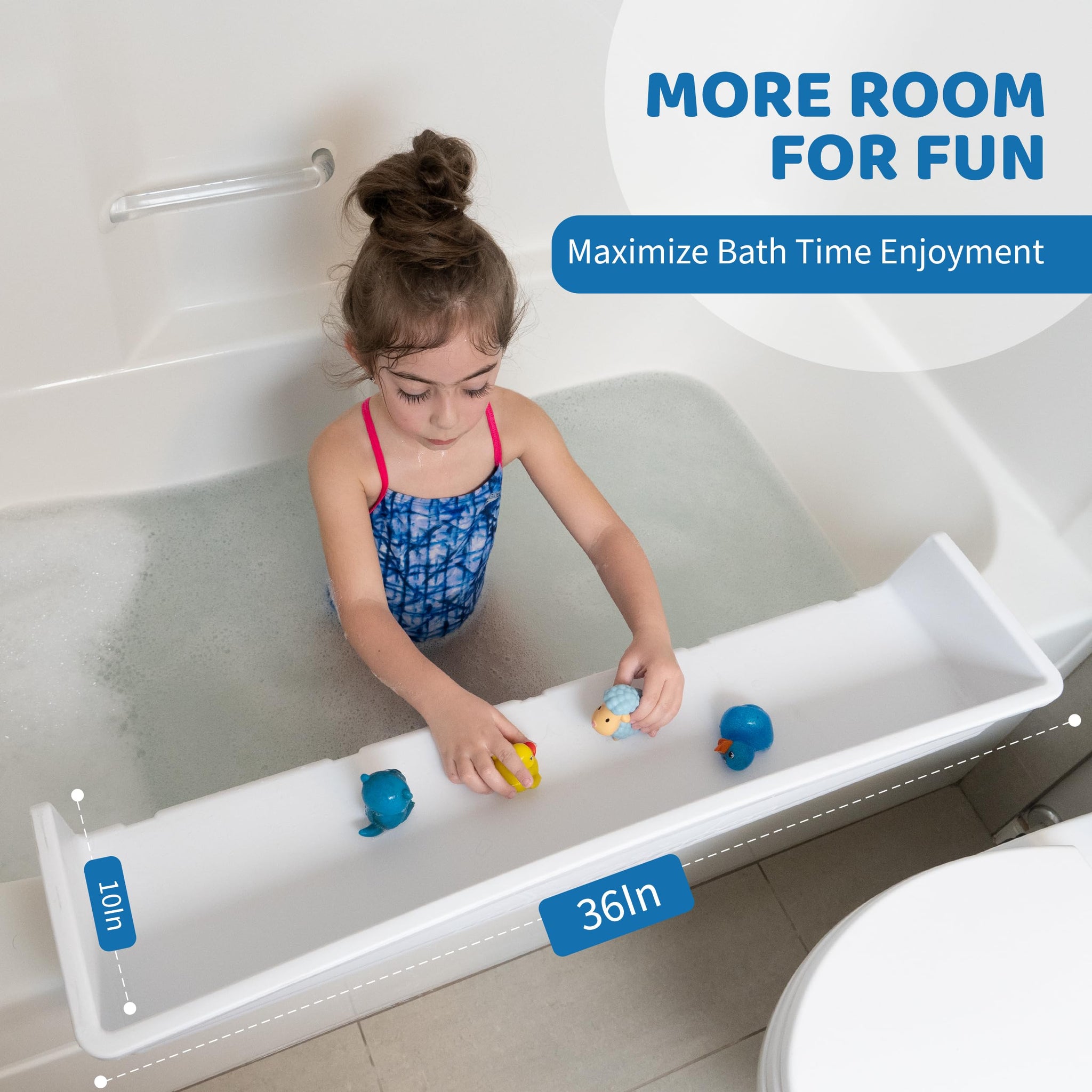 Tub Topper® Bathtub Splash Guard Play Shelf Area -Toy Tray Caddy Holder Storage -Suction Cups Attach to Bath Tub -No Mess Water Spill in Bathroom -Fun for Toddlers Kids Baby