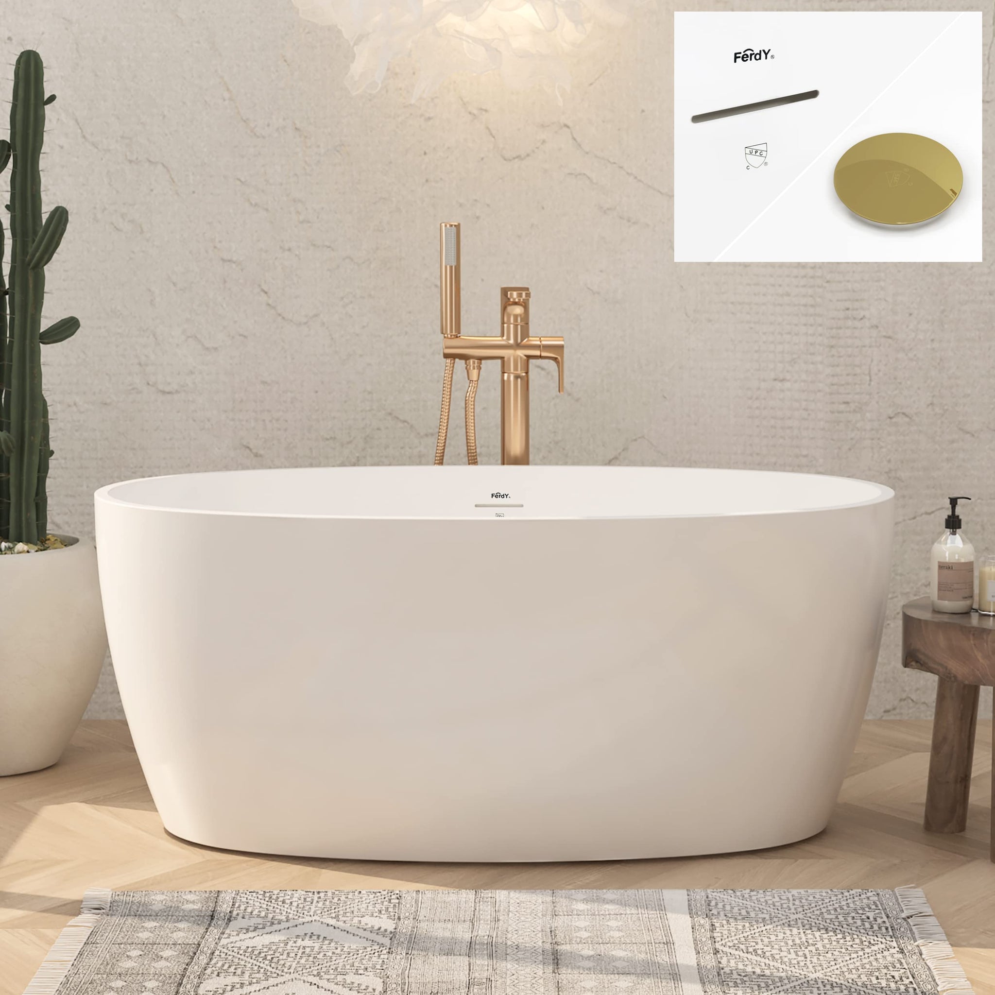 FerdY Tahiti 55" Acrylic Freestanding Bathtub, Elegant Oval Shape Soaking Bathtub, Glossy White, Brushed Nickel Drain & Integrated Slotted Overflow Assembly Included cUPC Certified