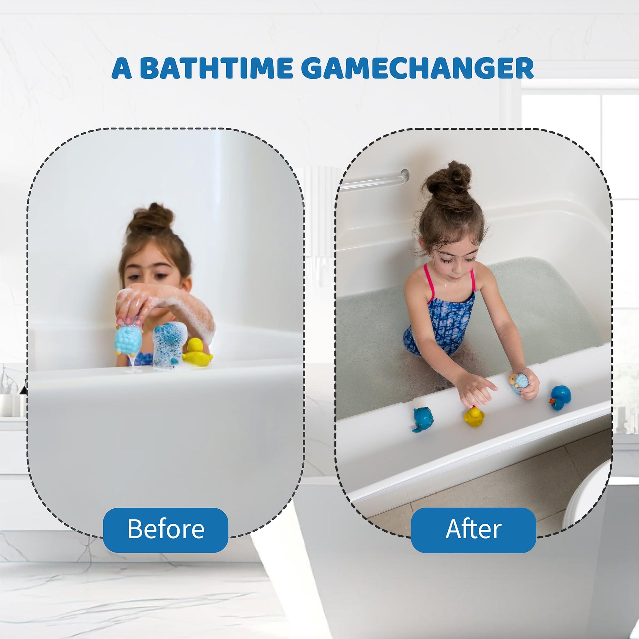 Tub Topper® Bathtub Splash Guard Play Shelf Area -Toy Tray Caddy Holder Storage -Suction Cups Attach to Bath Tub -No Mess Water Spill in Bathroom -Fun for Toddlers Kids Baby