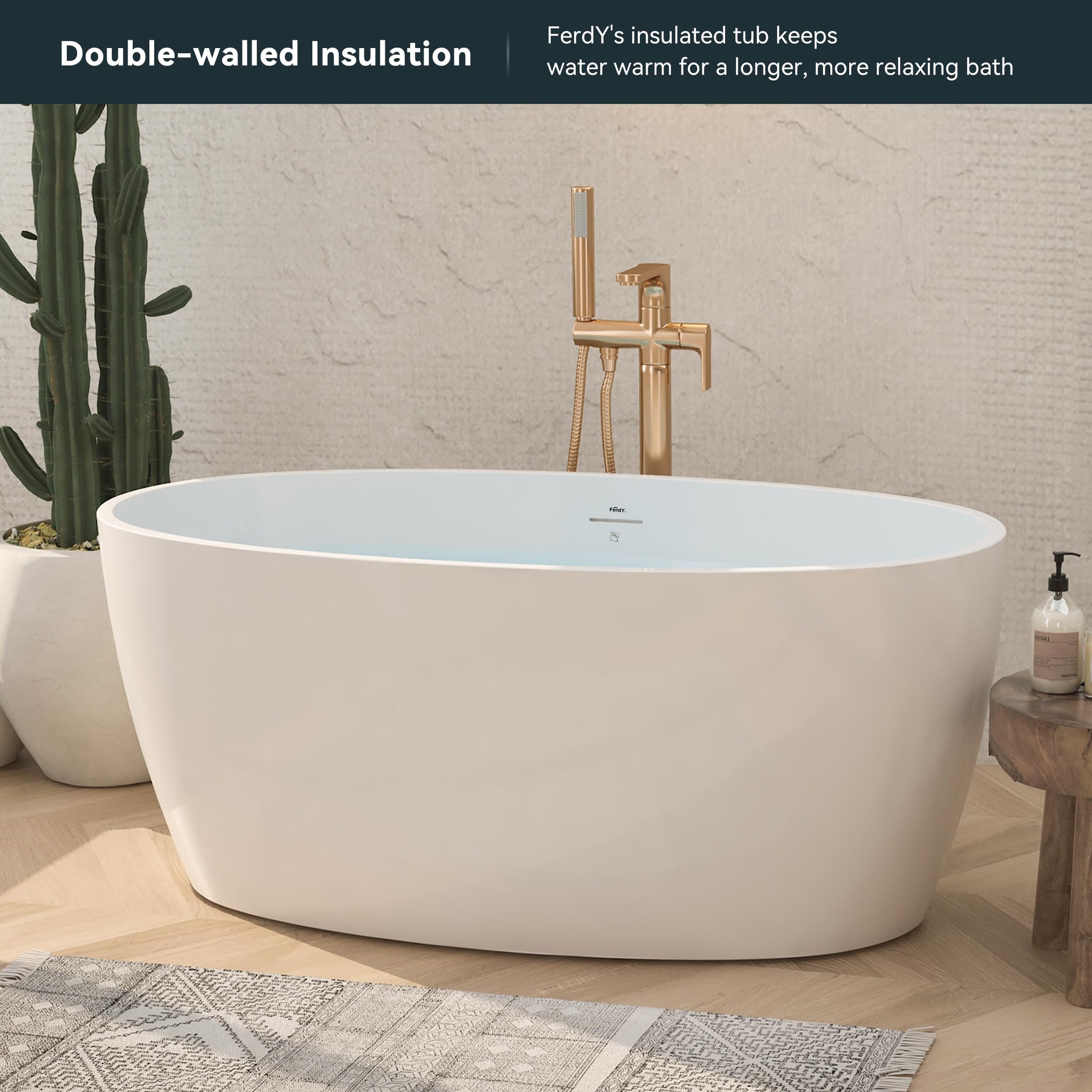 FerdY Tahiti 55" Acrylic Freestanding Bathtub, Elegant Oval Shape Soaking Bathtub, Glossy White, Brushed Nickel Drain & Integrated Slotted Overflow Assembly Included cUPC Certified