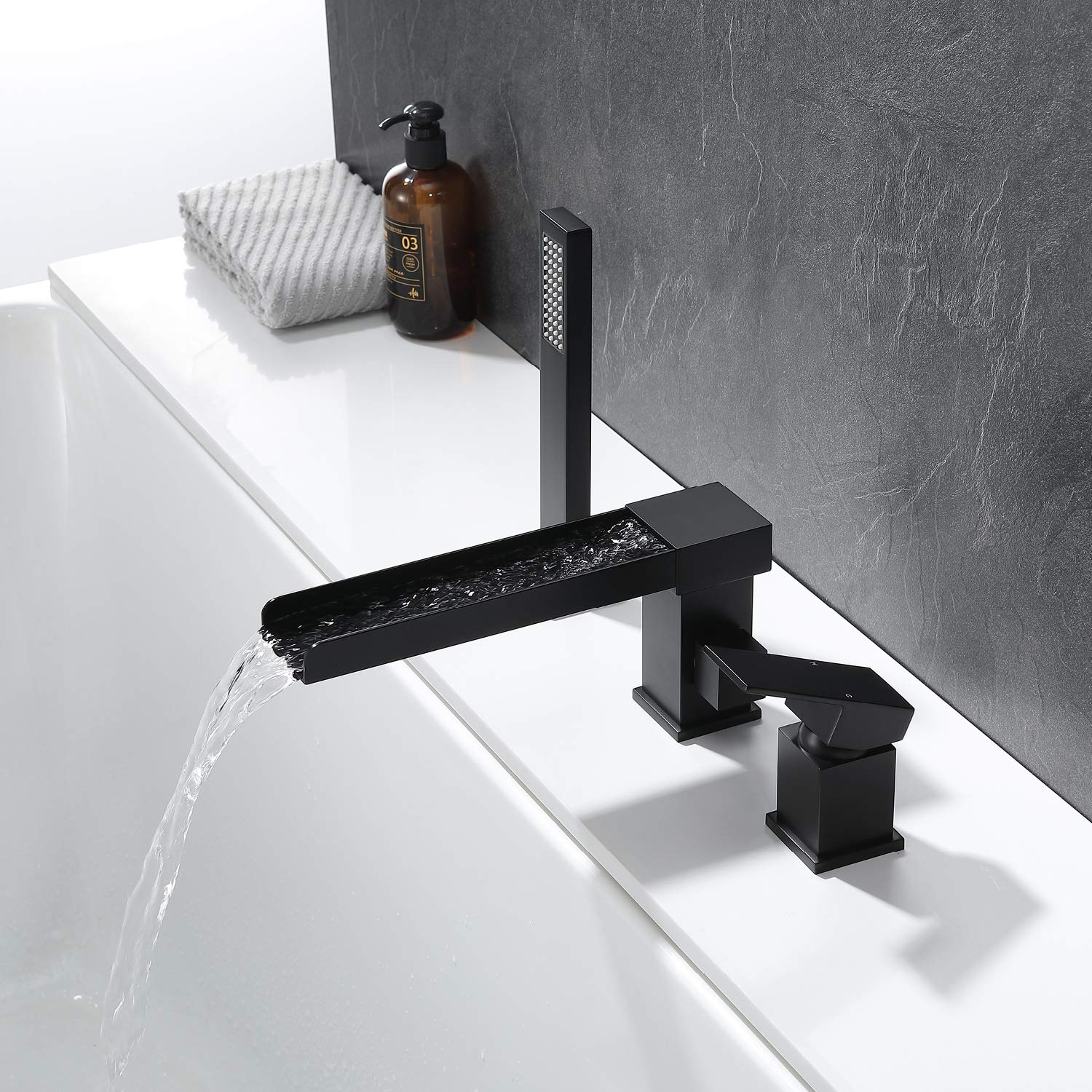 TapLong Waterfall Roman Tub Faucet with Hand Shower, Deck Mount 3 Hole Bathtub Faucet Set High Flow Bath Tub Faucet Set Deck Mount Solid Brass, Matte Black,03766B