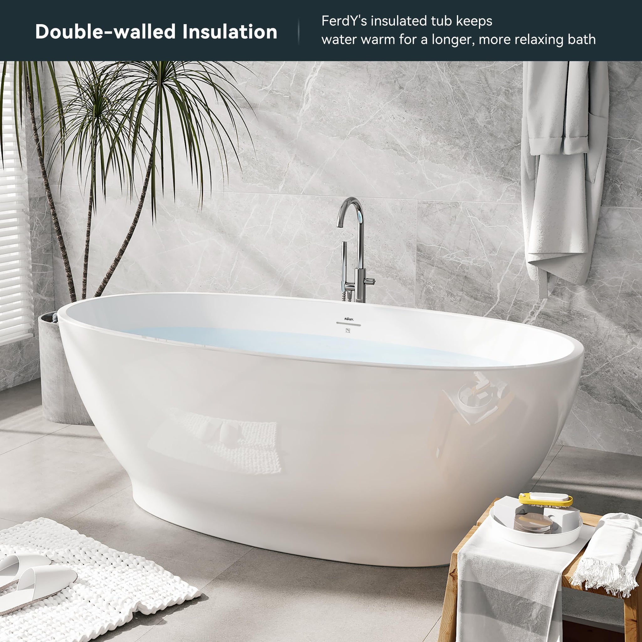 FerdY Tahiti 55" Acrylic Freestanding Bathtub, Elegant Oval Shape Soaking Bathtub, Glossy White, Brushed Nickel Drain & Integrated Slotted Overflow Assembly Included cUPC Certified