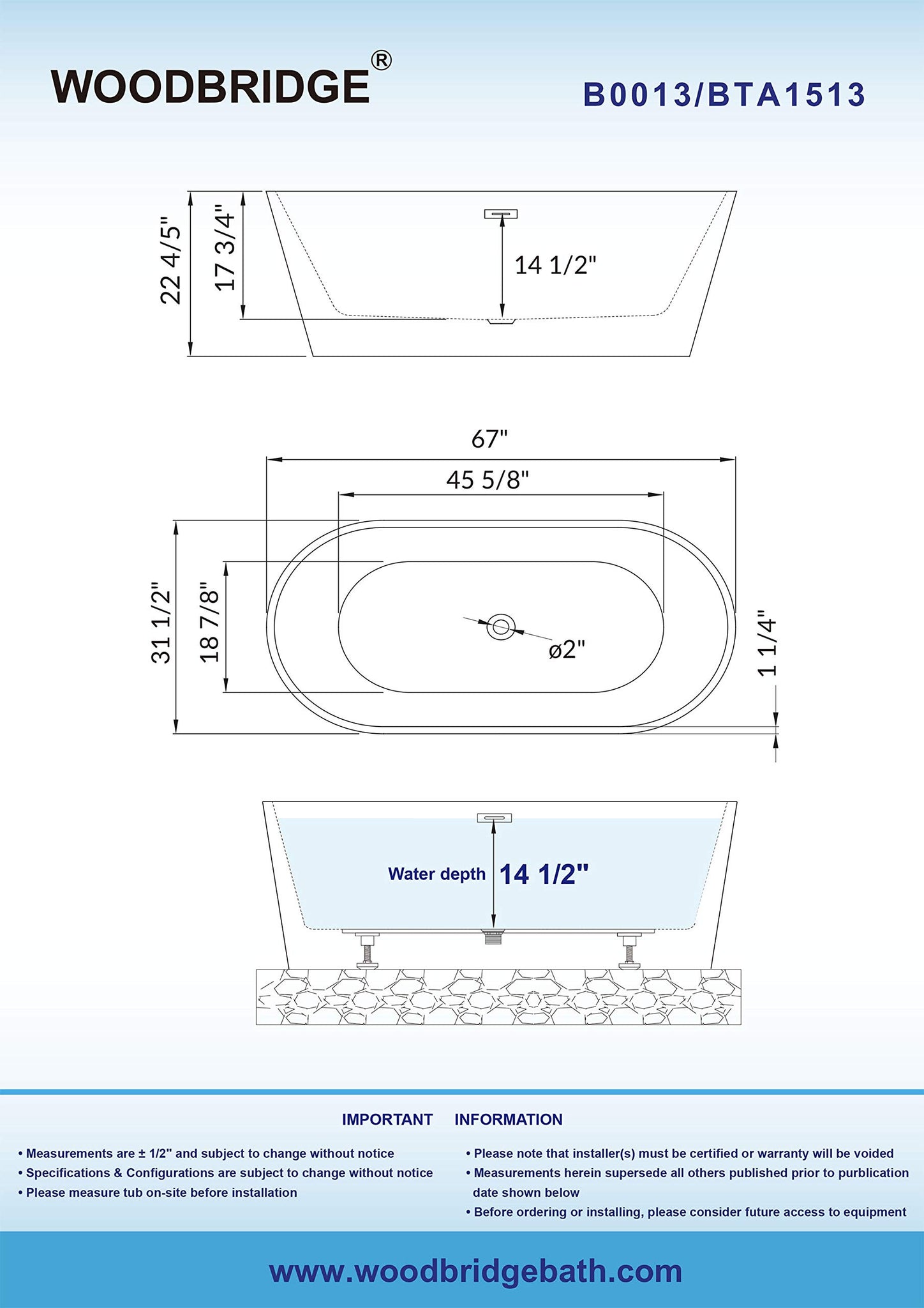 WOODBRIDGE 67" Acrylic Freestanding Bathtub Contemporary Soaking Tub, White Acrylic (Matte Black Drain/Overflow), B0013-MB-Drain &O