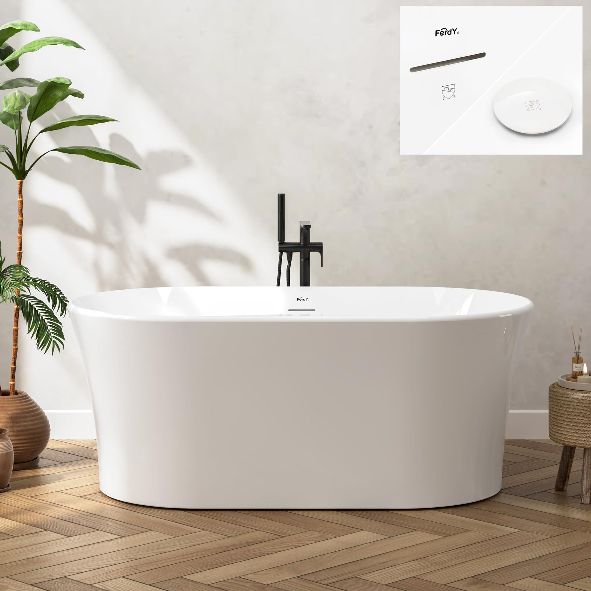 FerdY Tahiti 55" Acrylic Freestanding Bathtub, Elegant Oval Shape Soaking Bathtub, Glossy White, Brushed Nickel Drain & Integrated Slotted Overflow Assembly Included cUPC Certified