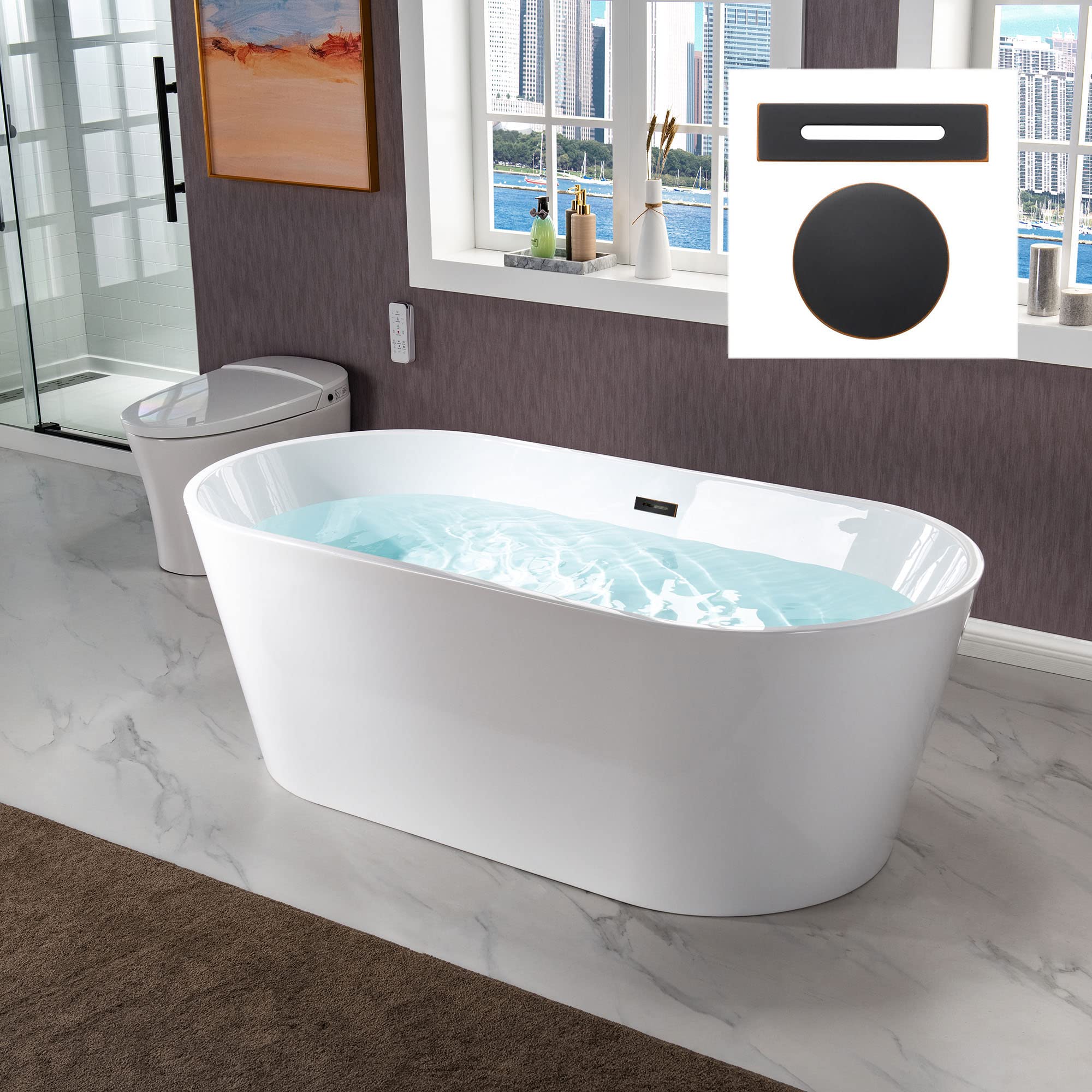 WOODBRIDGE 67" Acrylic Freestanding Bathtub Contemporary Soaking Tub, White Acrylic (Matte Black Drain/Overflow), B0013-MB-Drain &O