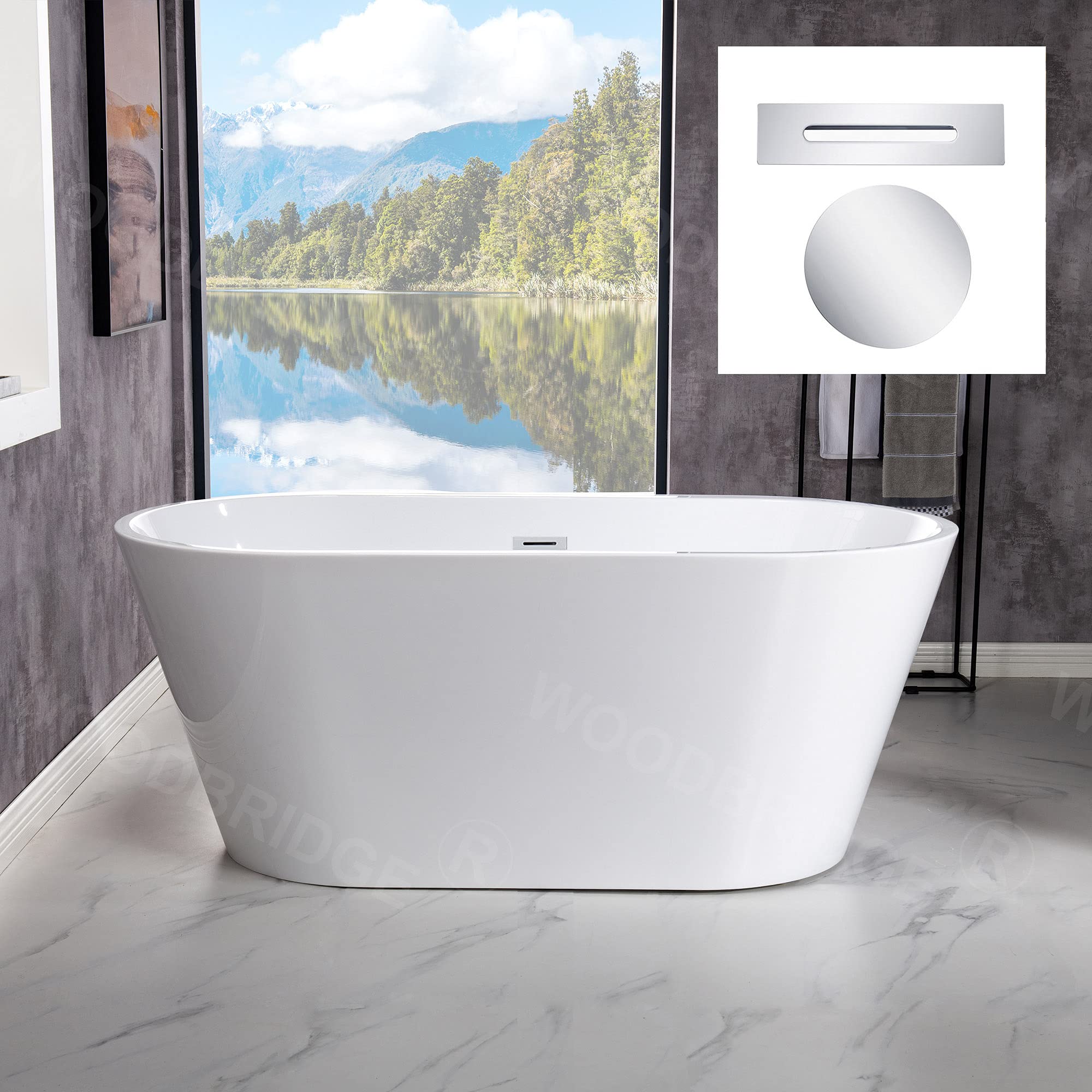 WOODBRIDGE 67" Acrylic Freestanding Bathtub Contemporary Soaking Tub, White Acrylic (Matte Black Drain/Overflow), B0013-MB-Drain &O