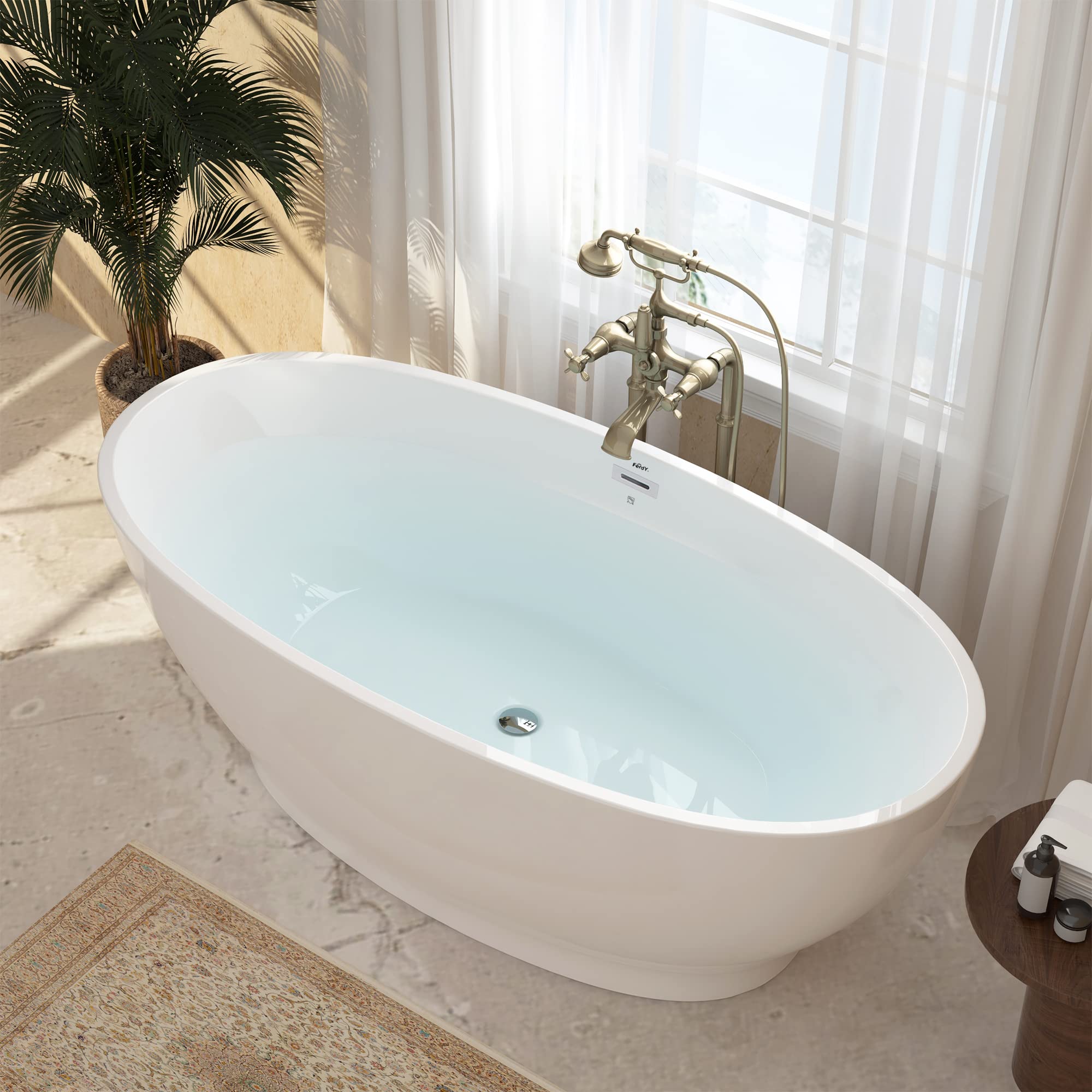 FerdY Tahiti 55" Acrylic Freestanding Bathtub, Elegant Oval Shape Soaking Bathtub, Glossy White, Brushed Nickel Drain & Integrated Slotted Overflow Assembly Included cUPC Certified