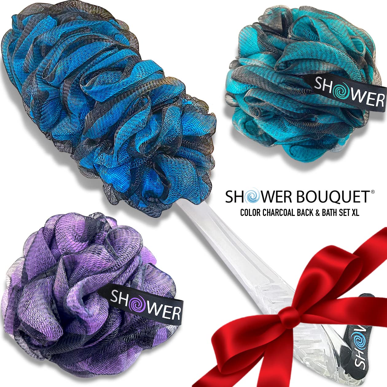 Loofah-Charcoal Back-Scrubber & Bath-Sponges by Shower Bouquet: 1 Long-Handle-Back-Brush Plus 2 Extra Large 75g Soft Mesh Poufs, Men & Women - Exfoliate with Full Pure Cleanse in Bathing Accessories