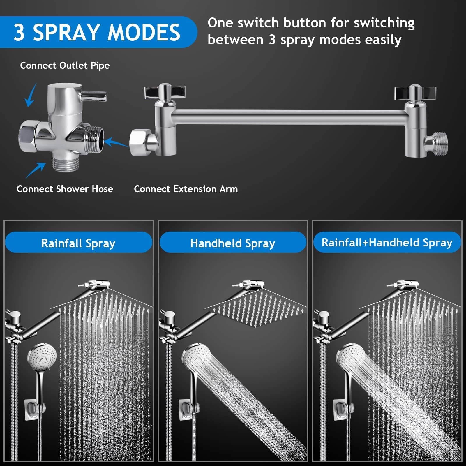 Shower Head Combo,10 Inch High Pressure Rain Shower Head with 11 Inch Adjustable Extension Arm and 5 Settings Handheld ,Powerful Shower Spray Against Low Pressure Water with Long Hose