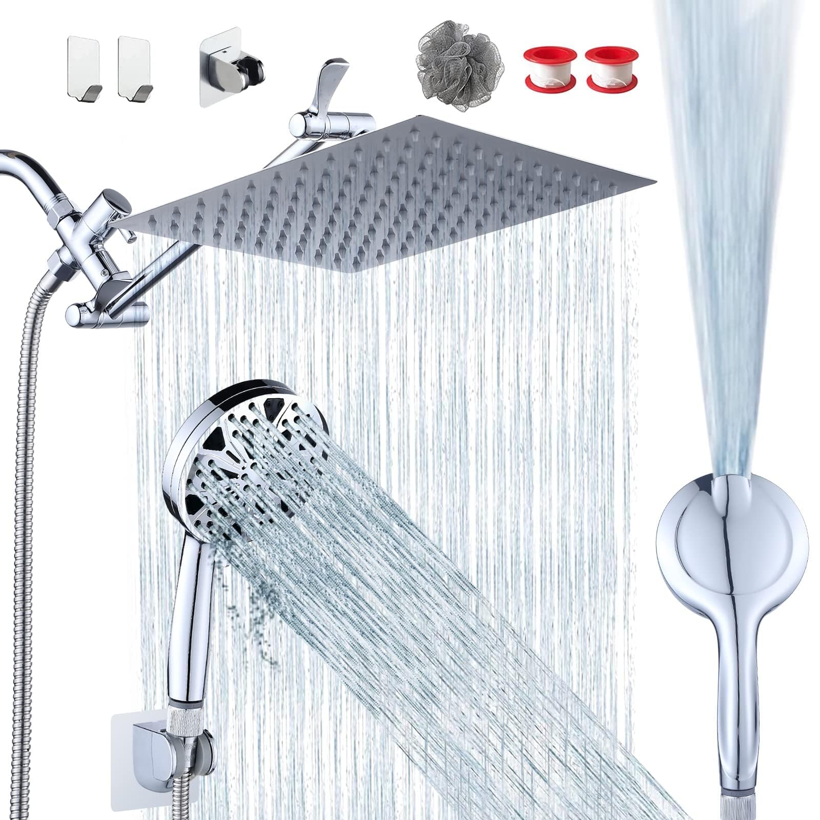 Razime 10''Rainfall Shower Head with Handheld Combo High Pressure 8+2 MODE built-in power wash, Stainless Steel Chrome Showerhead with 11'' Extension Arm Height/Angle Adjustable with Holder&60"Hose