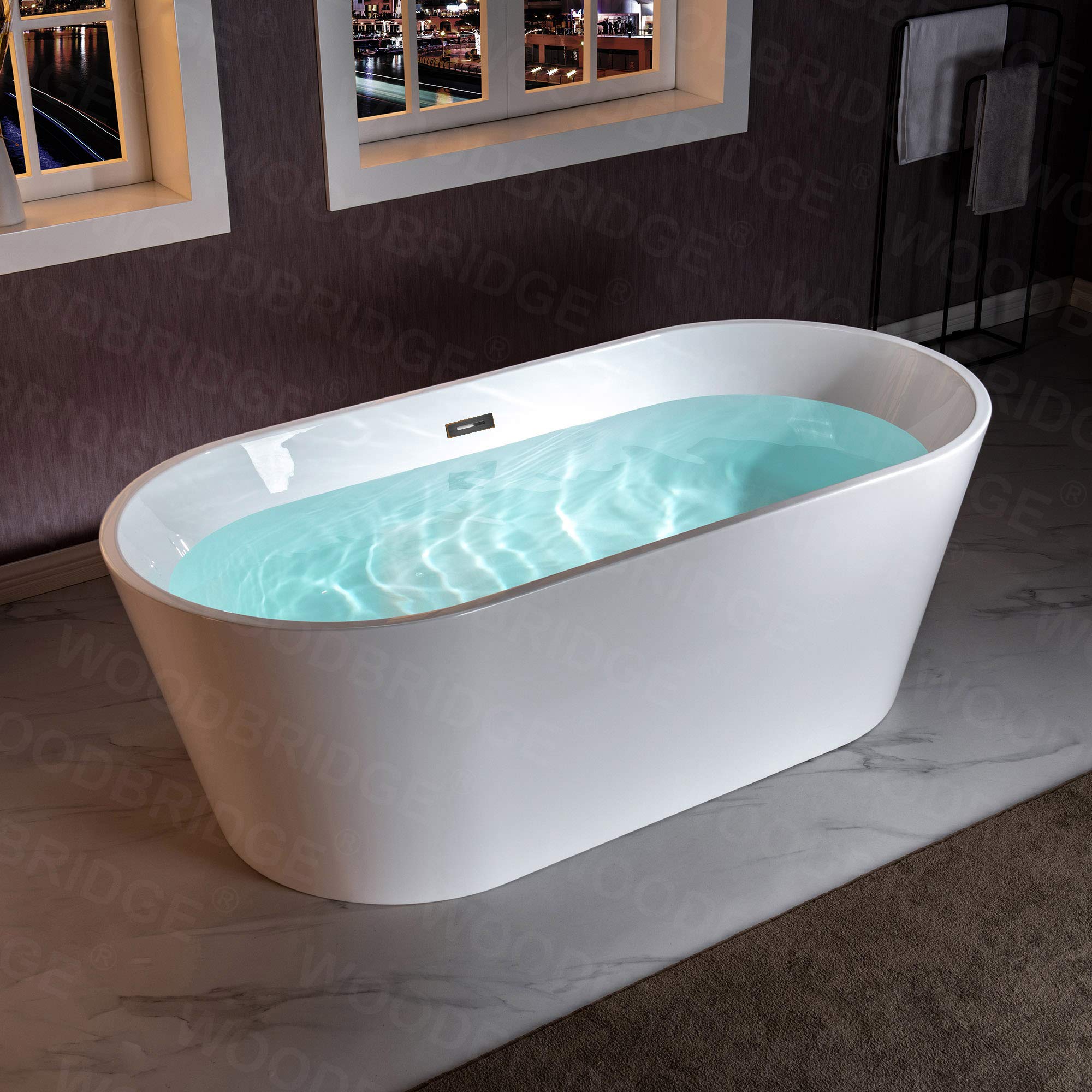 WOODBRIDGE 67" Acrylic Freestanding Bathtub Contemporary Soaking Tub, White Acrylic (Matte Black Drain/Overflow), B0013-MB-Drain &O