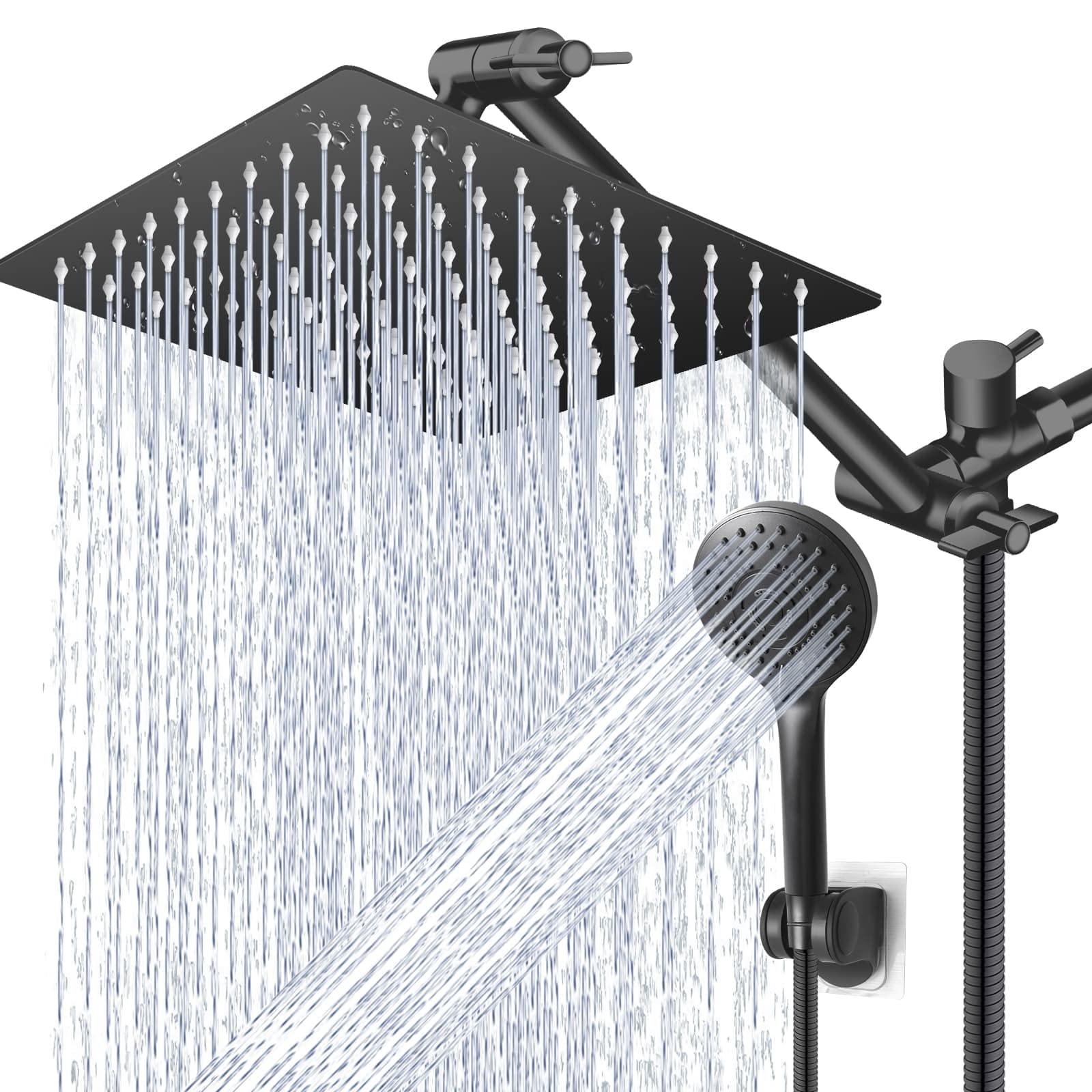 Shower Head Combo,10 Inch High Pressure Rain Shower Head with 11 Inch Adjustable Extension Arm and 5 Settings Handheld ,Powerful Shower Spray Against Low Pressure Water with Long Hose