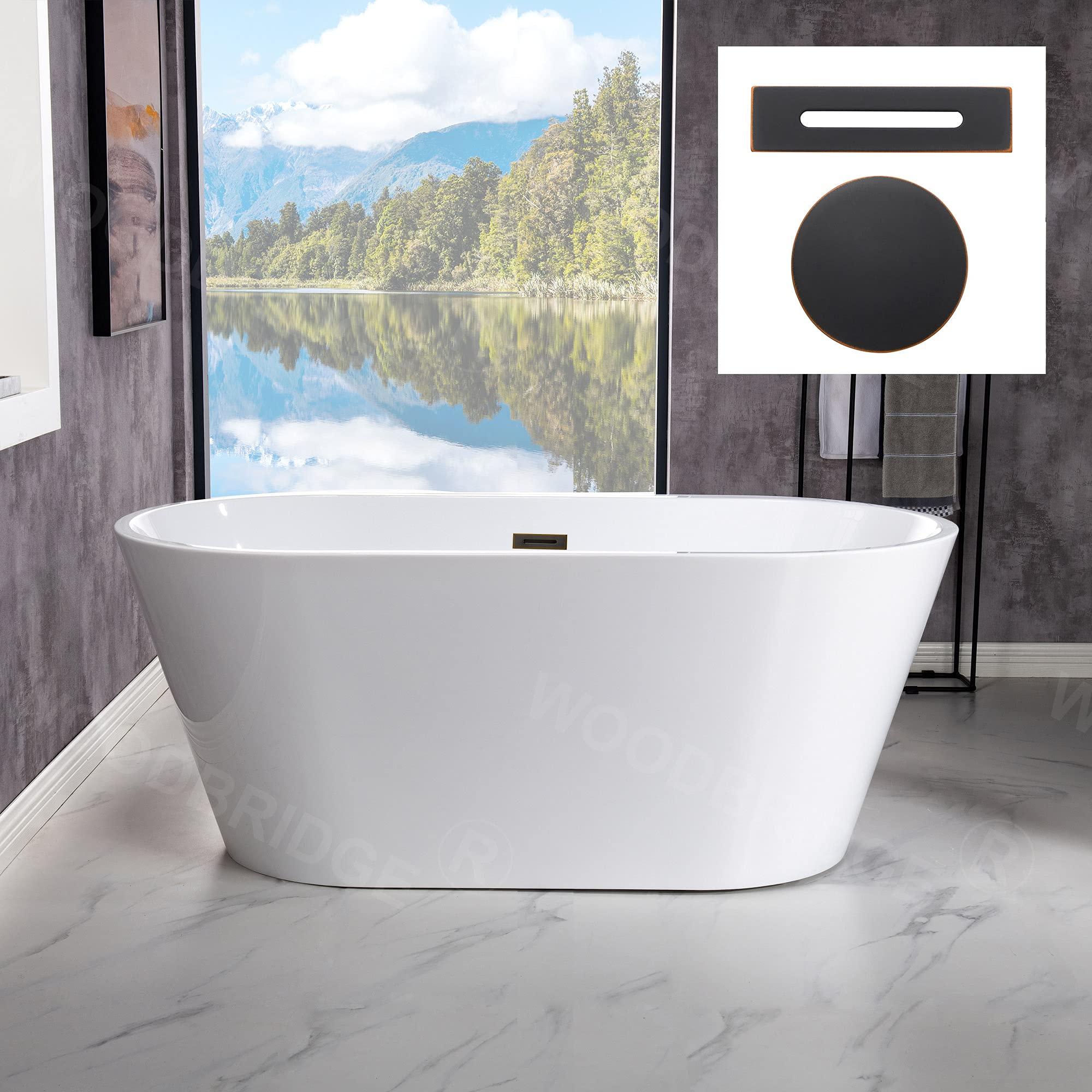 WOODBRIDGE 67" Acrylic Freestanding Bathtub Contemporary Soaking Tub, White Acrylic (Matte Black Drain/Overflow), B0013-MB-Drain &O