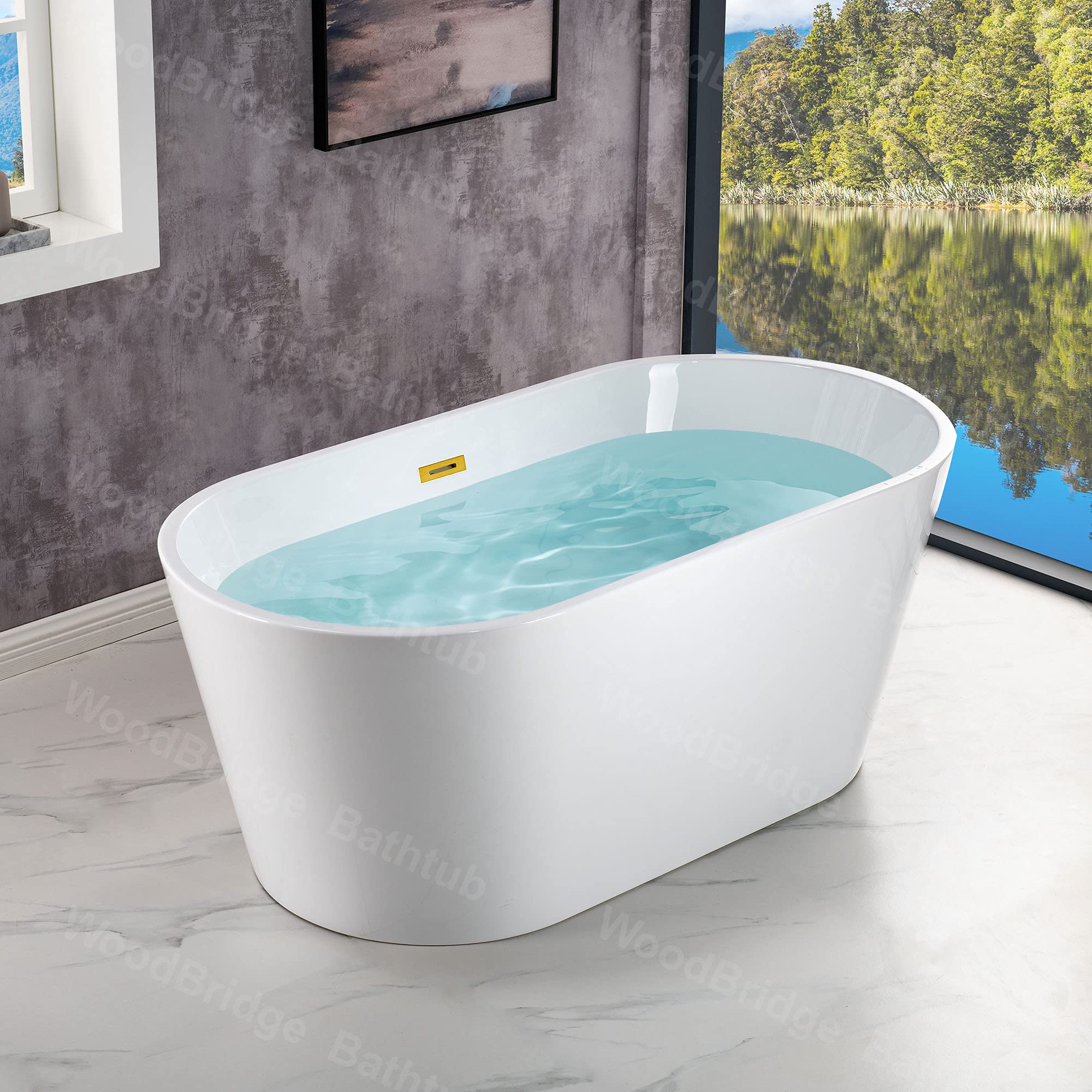 WOODBRIDGE 67" Acrylic Freestanding Bathtub Contemporary Soaking Tub, White Acrylic (Matte Black Drain/Overflow), B0013-MB-Drain &O