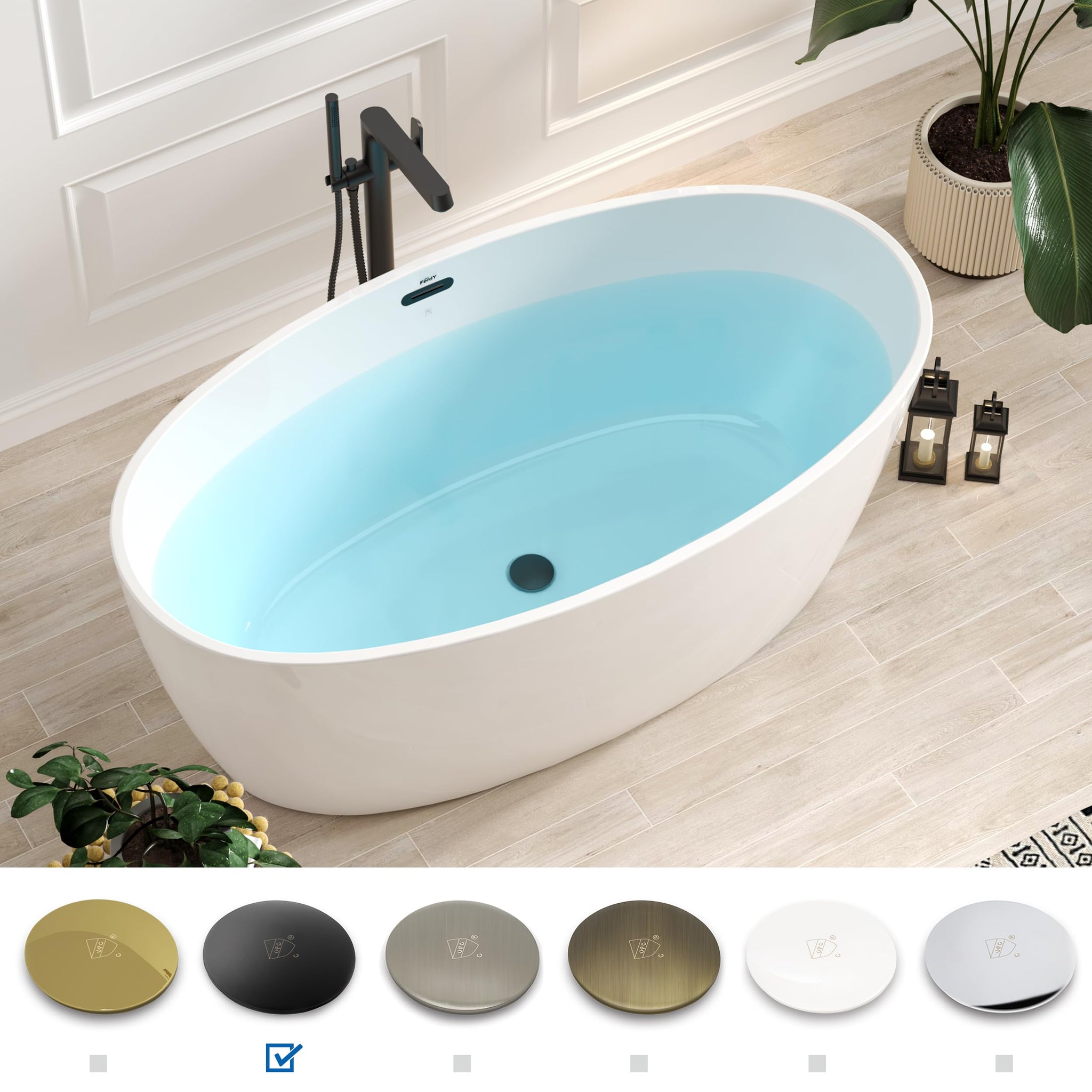 FerdY Tahiti 55" Acrylic Freestanding Bathtub, Elegant Oval Shape Soaking Bathtub, Glossy White, Brushed Nickel Drain & Integrated Slotted Overflow Assembly Included cUPC Certified