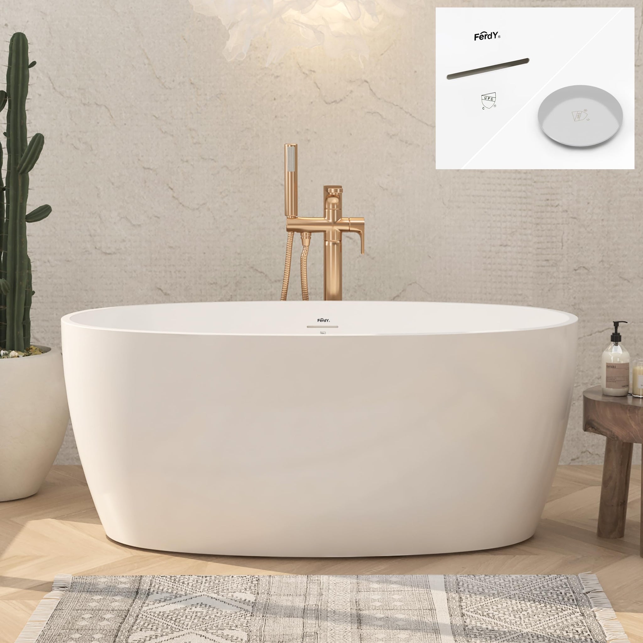 FerdY Tahiti 55" Acrylic Freestanding Bathtub, Elegant Oval Shape Soaking Bathtub, Glossy White, Brushed Nickel Drain & Integrated Slotted Overflow Assembly Included cUPC Certified