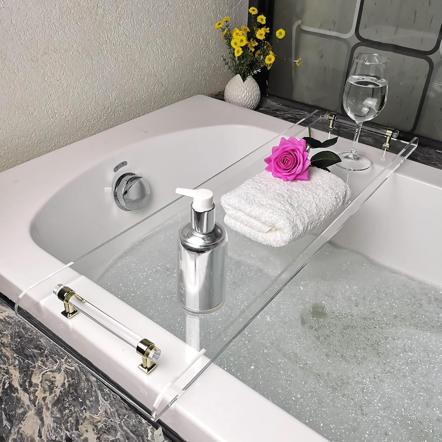 Bathtub Tray, 1 or 2 Person Bath and Bed Tray Luxury Bathtub Caddy Tray Clear Acrylic Bathtub Caddy Tray with Gold Handles Accessories for Bath Tub Table Caddy Tray 31x9 Inch