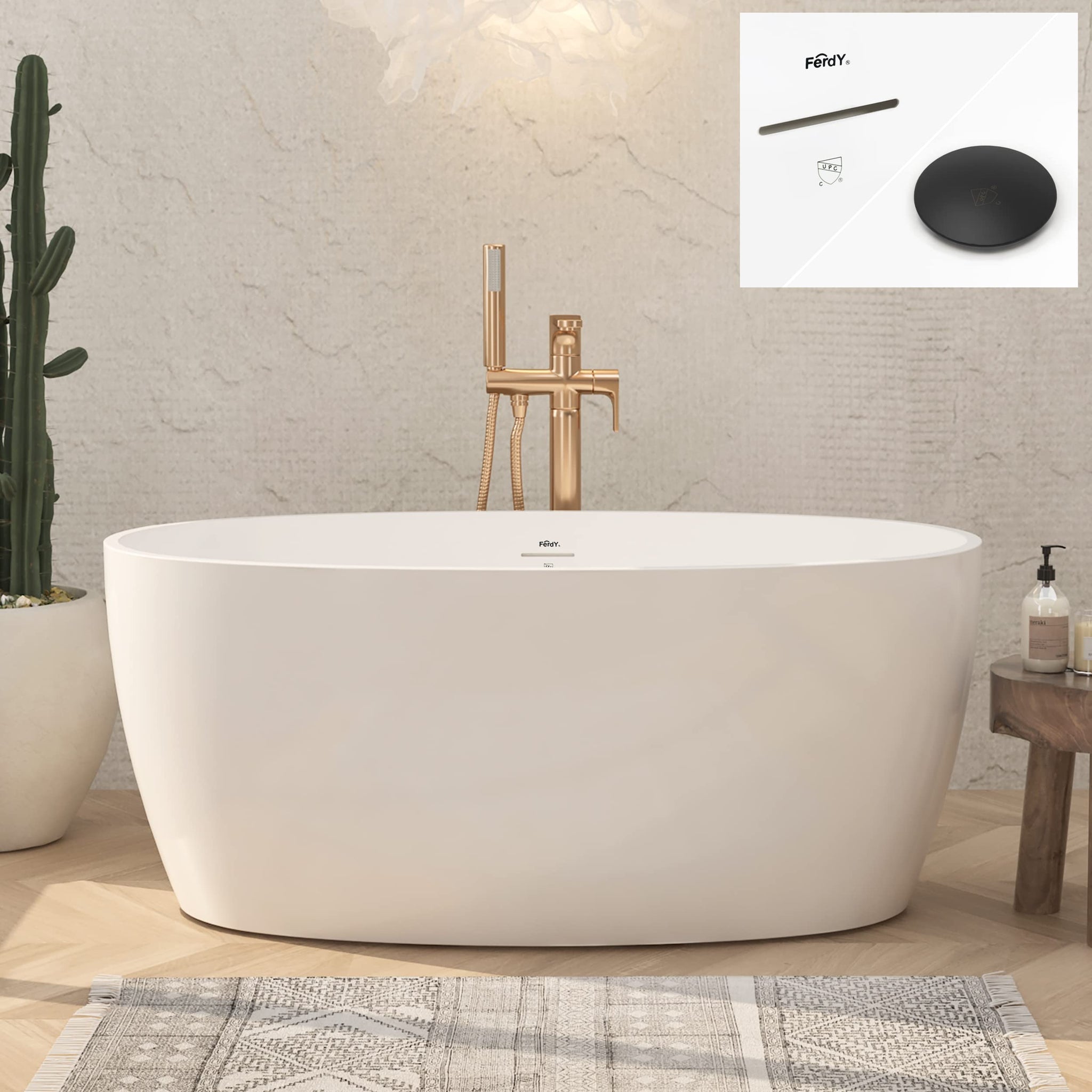 FerdY Tahiti 55" Acrylic Freestanding Bathtub, Elegant Oval Shape Soaking Bathtub, Glossy White, Brushed Nickel Drain & Integrated Slotted Overflow Assembly Included cUPC Certified