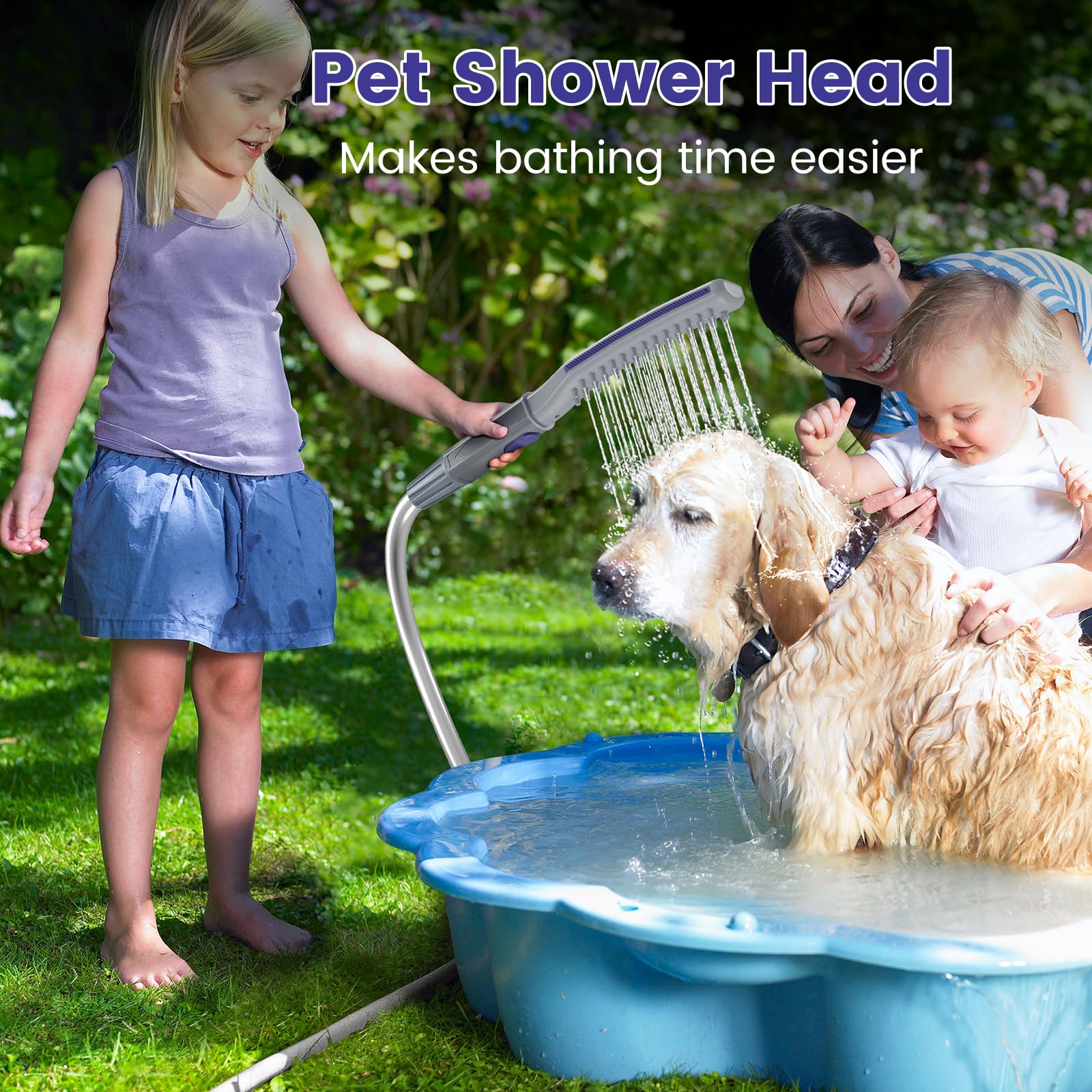 Shandus Professional Dog Shower Head, Dog Shower Attachment, Pet Shower Head for Dogs, Indoor Outdoor Dog Bath Wand Sprayer Includes 8-Foot Flex Hose, 3 Spraying Mode On/Off