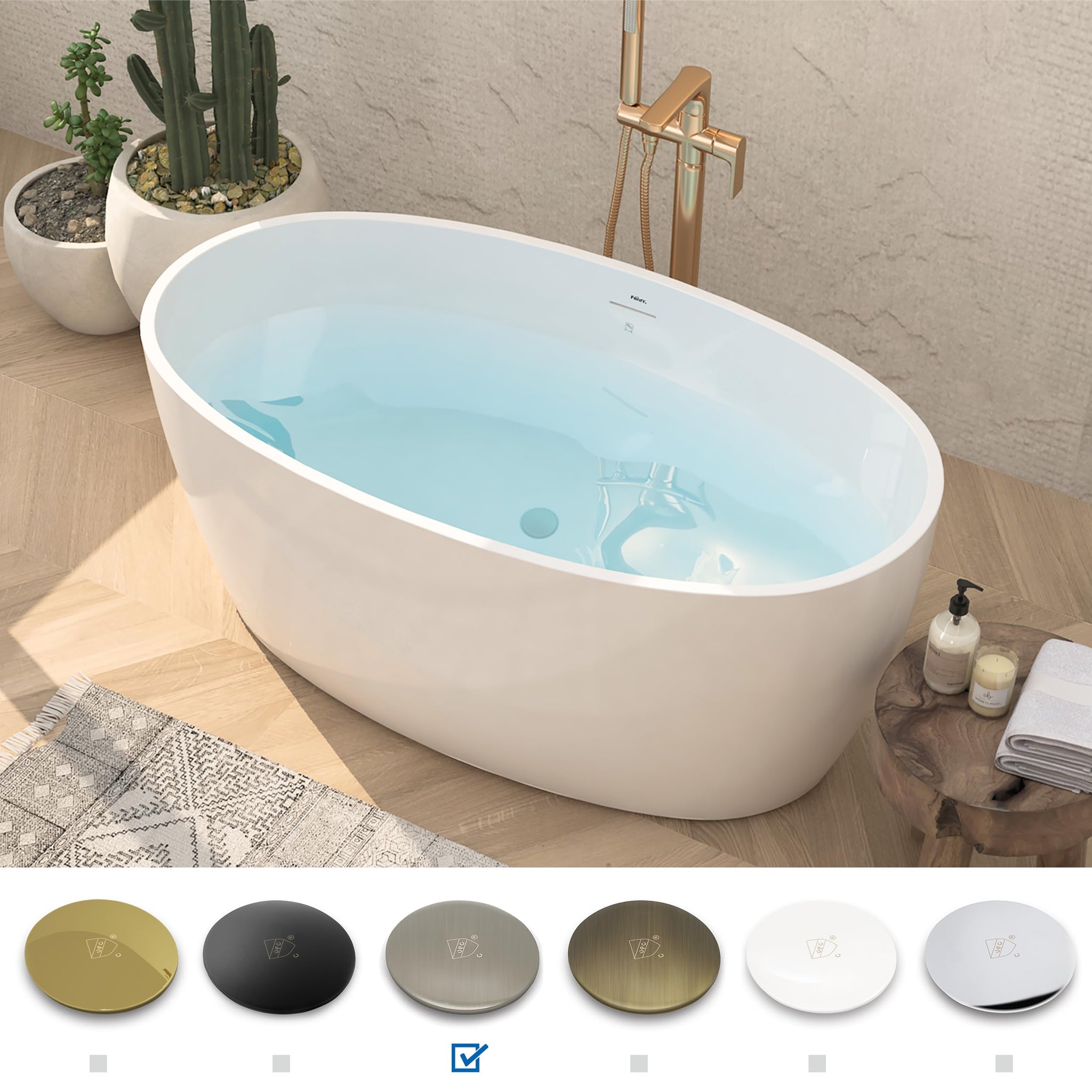 FerdY Tahiti 55" Acrylic Freestanding Bathtub, Elegant Oval Shape Soaking Bathtub, Glossy White, Brushed Nickel Drain & Integrated Slotted Overflow Assembly Included cUPC Certified