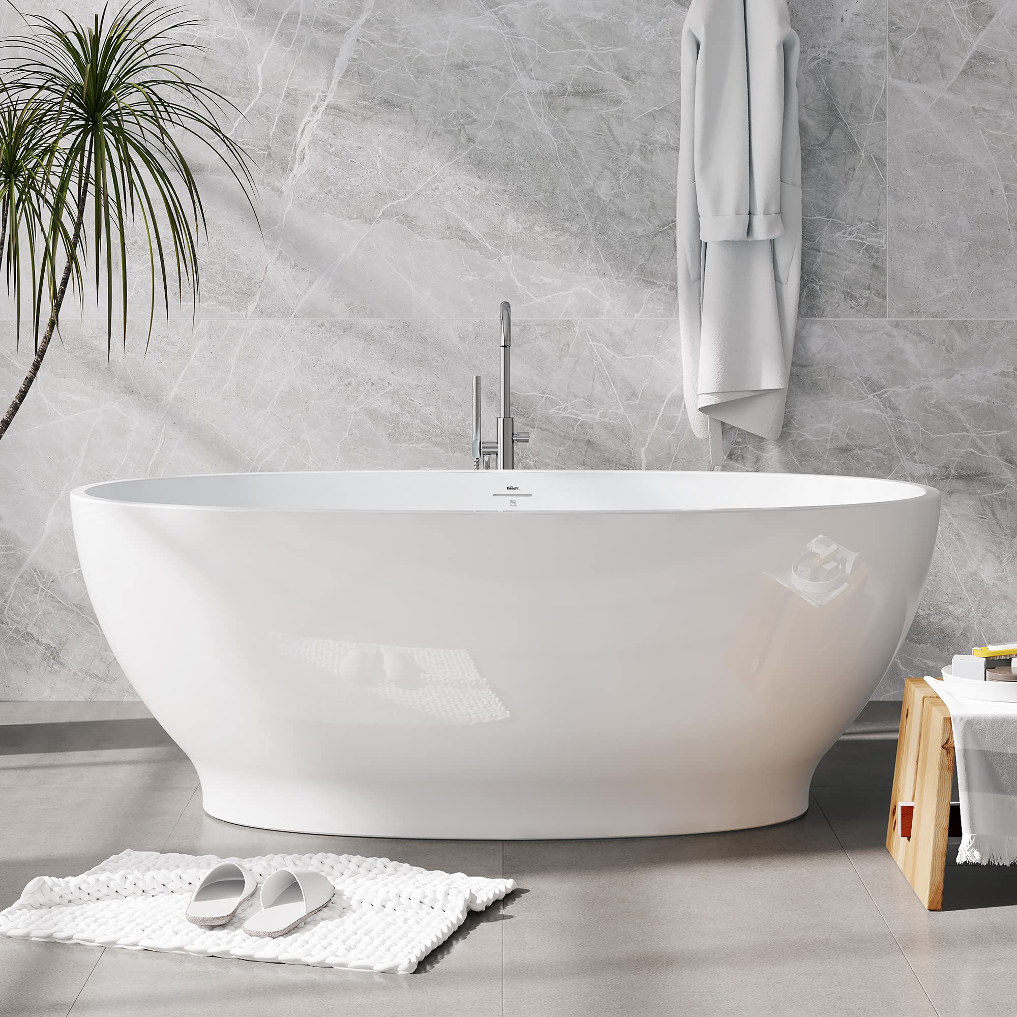 FerdY Tahiti 55" Acrylic Freestanding Bathtub, Elegant Oval Shape Soaking Bathtub, Glossy White, Brushed Nickel Drain & Integrated Slotted Overflow Assembly Included cUPC Certified