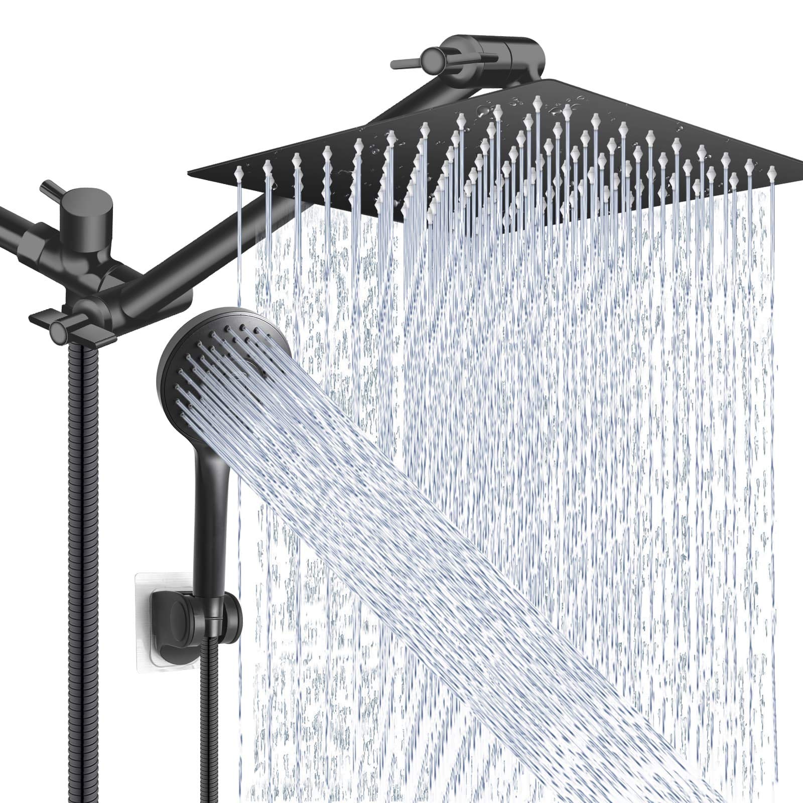 Shower Head Combo,10 Inch High Pressure Rain Shower Head with 11 Inch Adjustable Extension Arm and 5 Settings Handheld ,Powerful Shower Spray Against Low Pressure Water with Long Hose