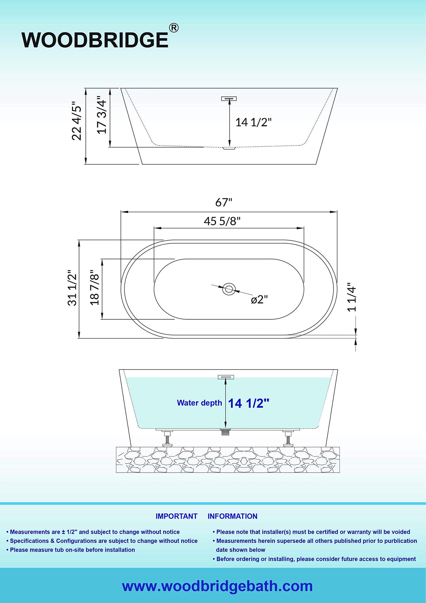 WOODBRIDGE 67" Acrylic Freestanding Bathtub Contemporary Soaking Tub, White Acrylic (Matte Black Drain/Overflow), B0013-MB-Drain &O