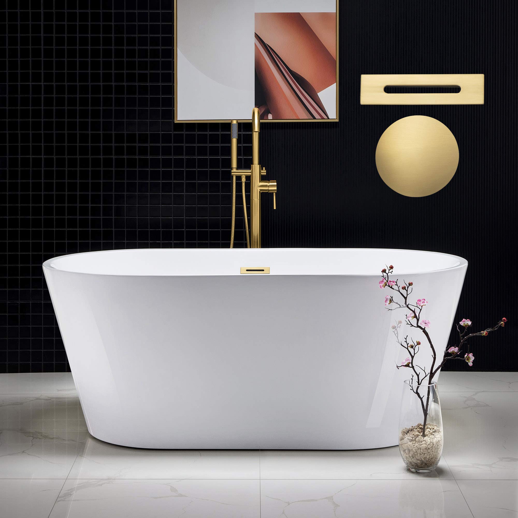 WOODBRIDGE 67" Acrylic Freestanding Bathtub Contemporary Soaking Tub, White Acrylic (Matte Black Drain/Overflow), B0013-MB-Drain &O