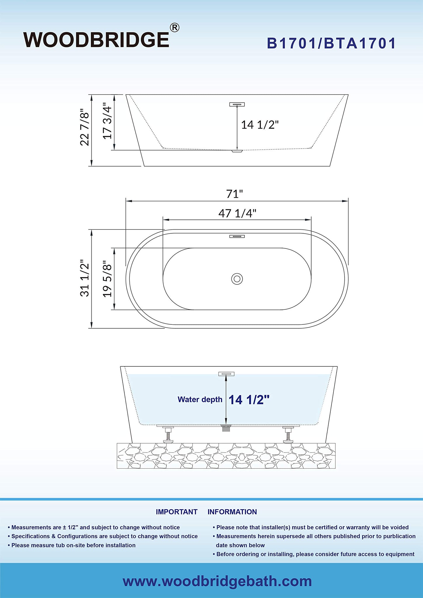 WOODBRIDGE 67" Acrylic Freestanding Bathtub Contemporary Soaking Tub, White Acrylic (Matte Black Drain/Overflow), B0013-MB-Drain &O