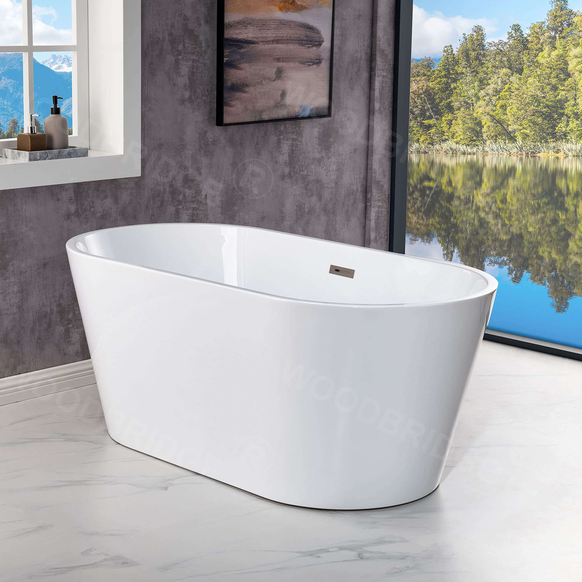 WOODBRIDGE 67" Acrylic Freestanding Bathtub Contemporary Soaking Tub, White Acrylic (Matte Black Drain/Overflow), B0013-MB-Drain &O