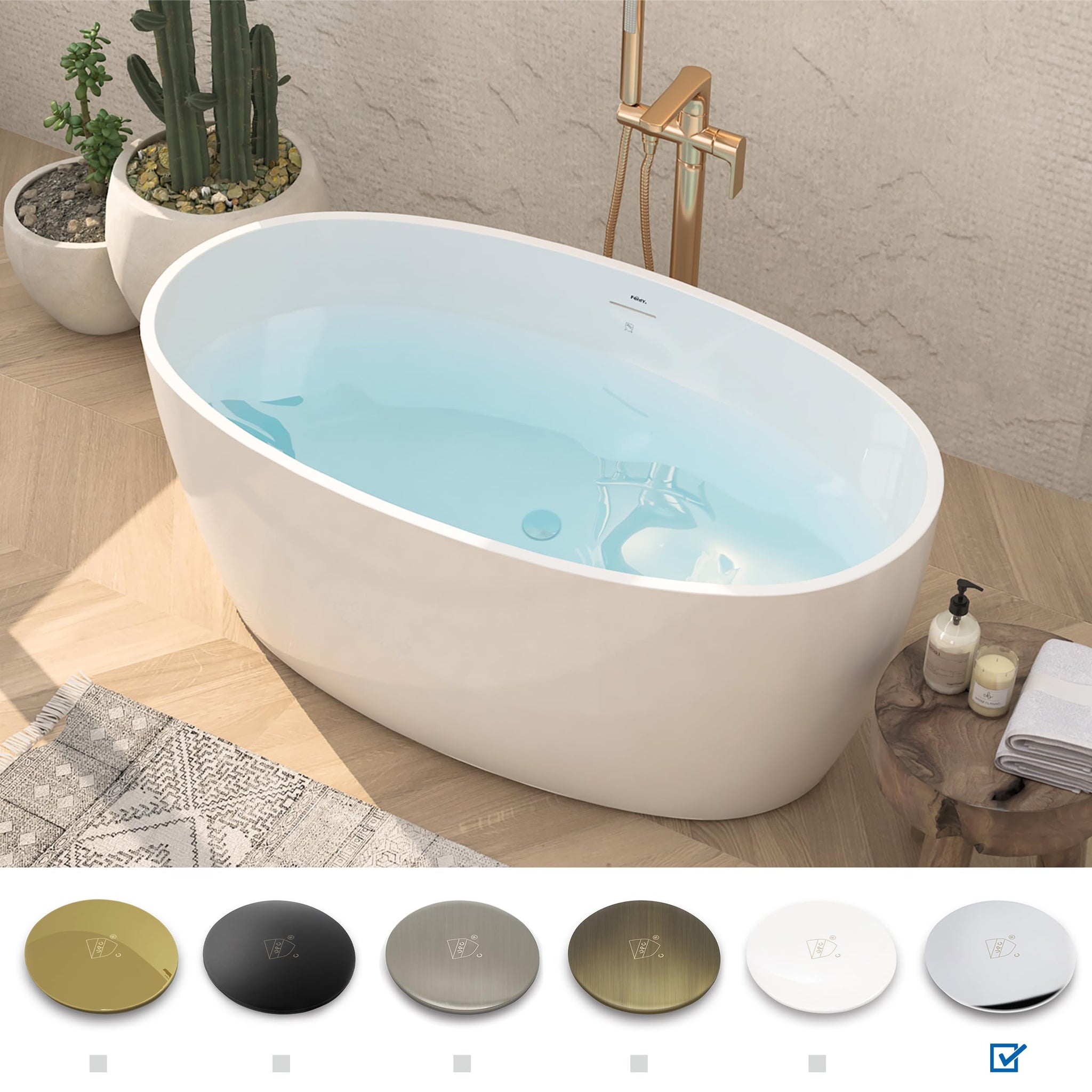 FerdY Tahiti 55" Acrylic Freestanding Bathtub, Elegant Oval Shape Soaking Bathtub, Glossy White, Brushed Nickel Drain & Integrated Slotted Overflow Assembly Included cUPC Certified