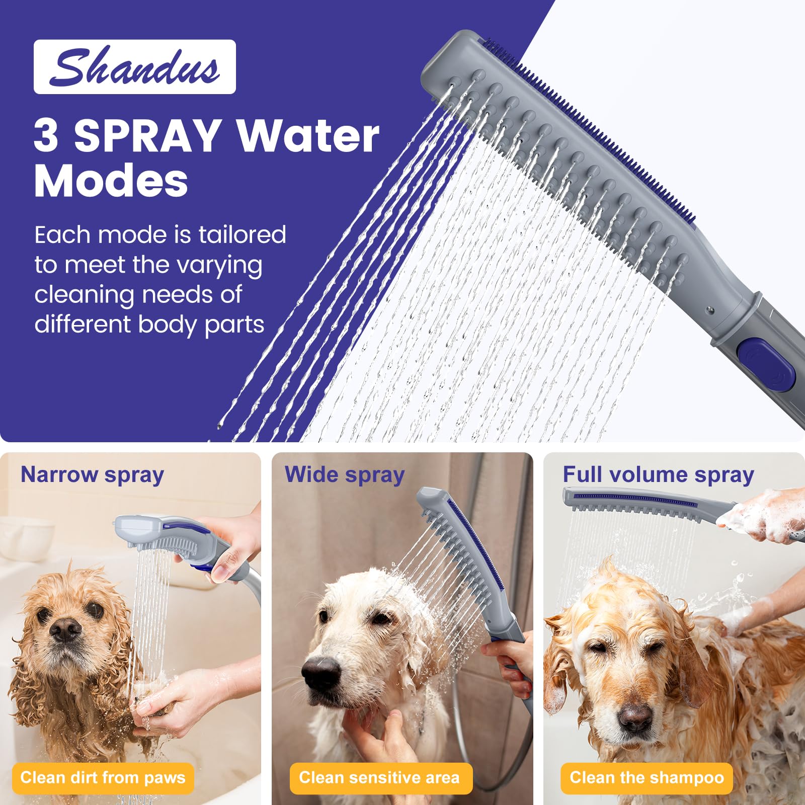 Shandus Professional Dog Shower Head, Dog Shower Attachment, Pet Shower Head for Dogs, Indoor Outdoor Dog Bath Wand Sprayer Includes 8-Foot Flex Hose, 3 Spraying Mode On/Off