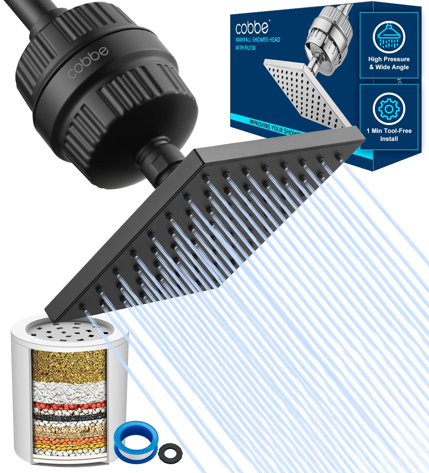 Cobbe High Pressure Filtered Shower Head Combo, Rain Shower Head with 20 Stage Shower Head Filter for Hard Water - Adjustable Replacement Remove Chlorine and Harmful Substances, Matte Black