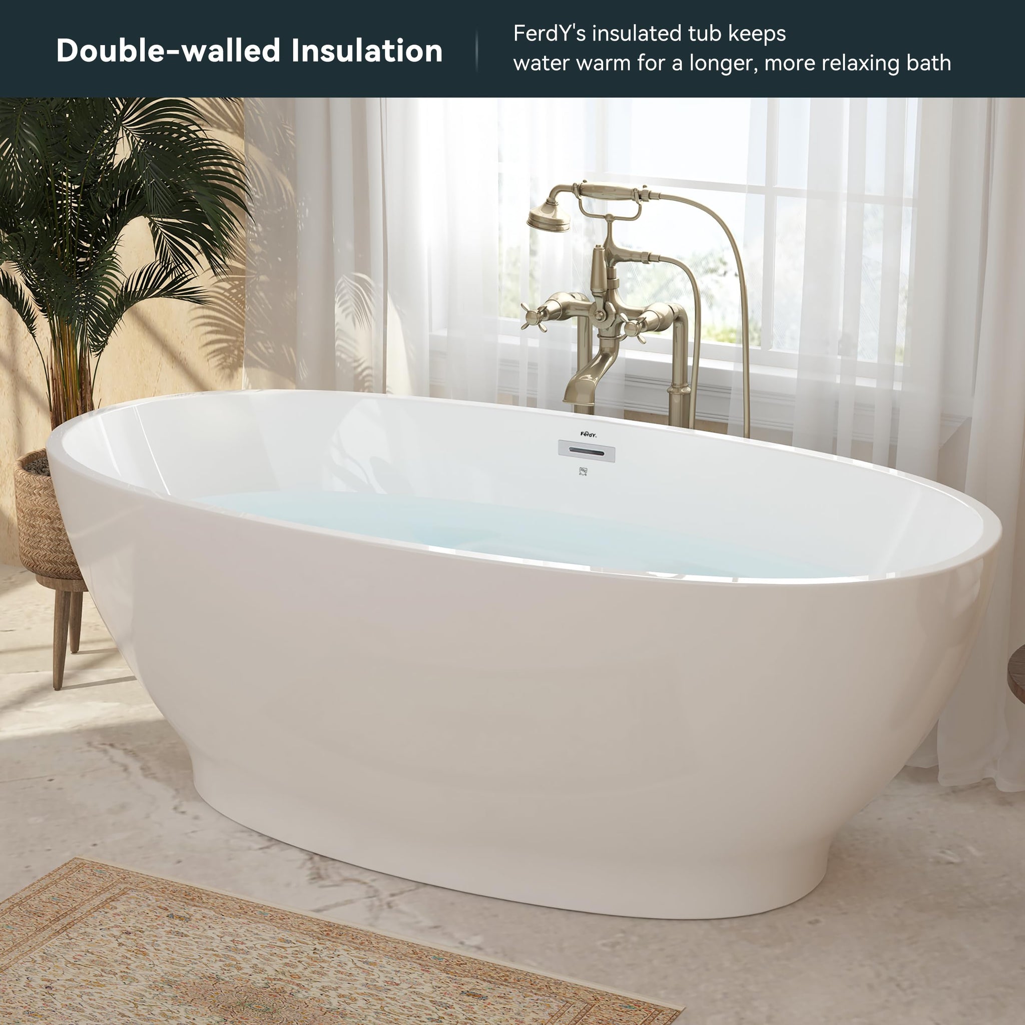 FerdY Tahiti 55" Acrylic Freestanding Bathtub, Elegant Oval Shape Soaking Bathtub, Glossy White, Brushed Nickel Drain & Integrated Slotted Overflow Assembly Included cUPC Certified