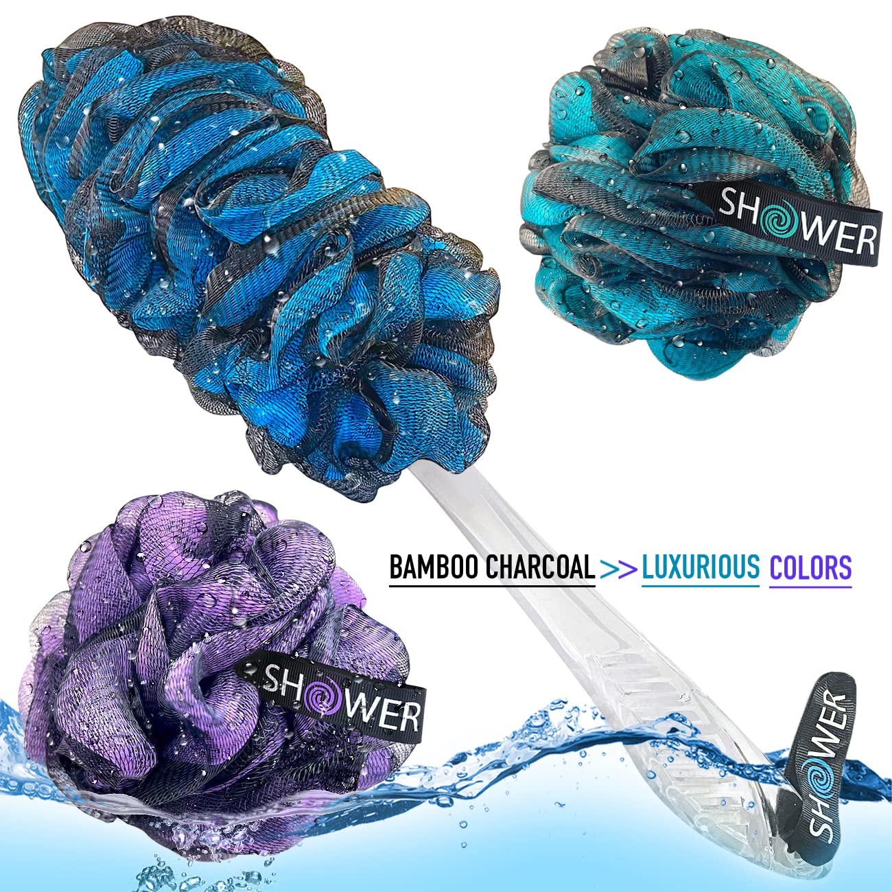 Loofah-Charcoal Back-Scrubber & Bath-Sponges by Shower Bouquet: 1 Long-Handle-Back-Brush Plus 2 Extra Large 75g Soft Mesh Poufs, Men & Women - Exfoliate with Full Pure Cleanse in Bathing Accessories