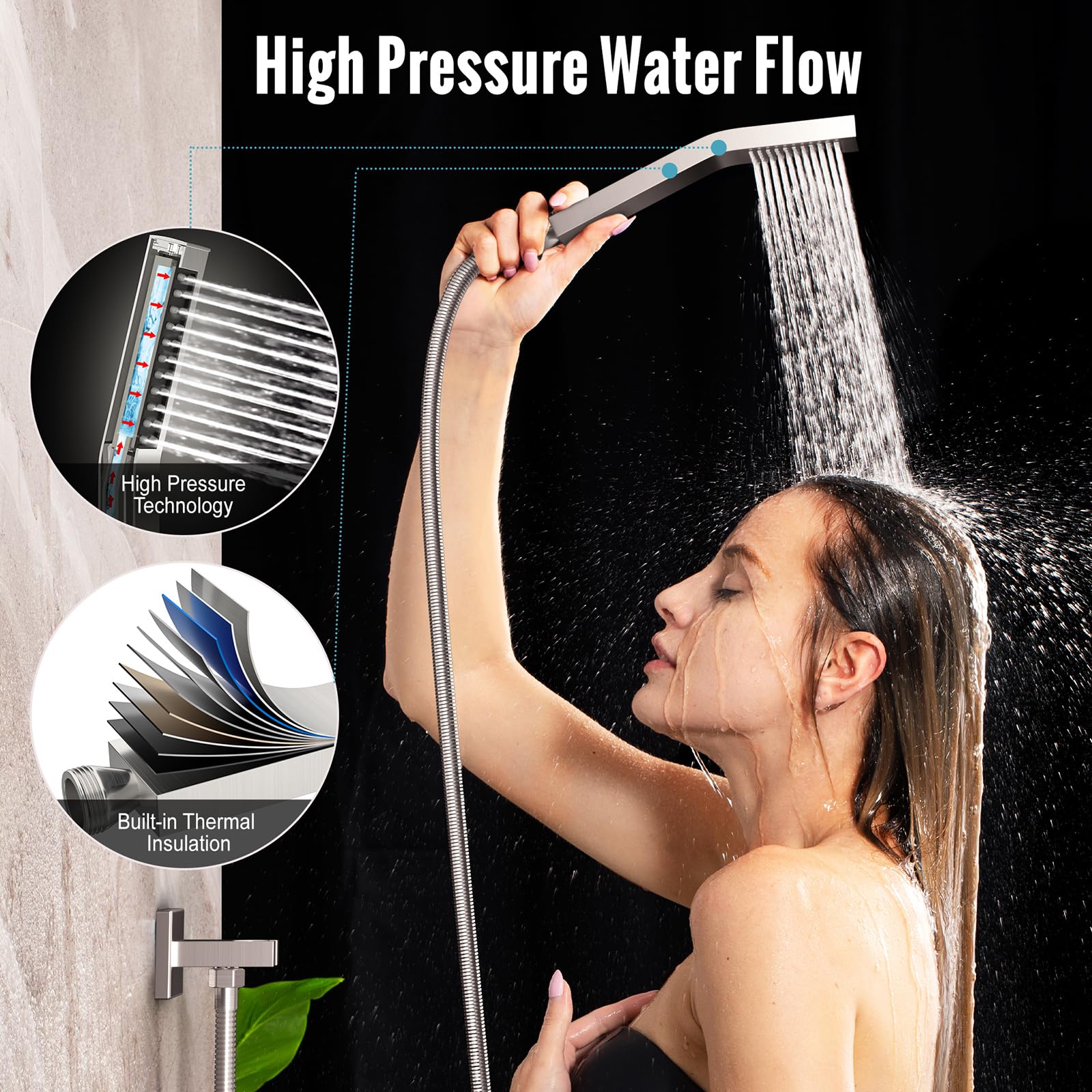 SR SUN RISE Shower Faucet Set Bathroom Square Rain Shower Head with Handheld Spray Wall Mounted Rainfall Shower Fixtures Brushed Nickel Shower Faucet Trim Repair Kits (Contain Shower Valve)