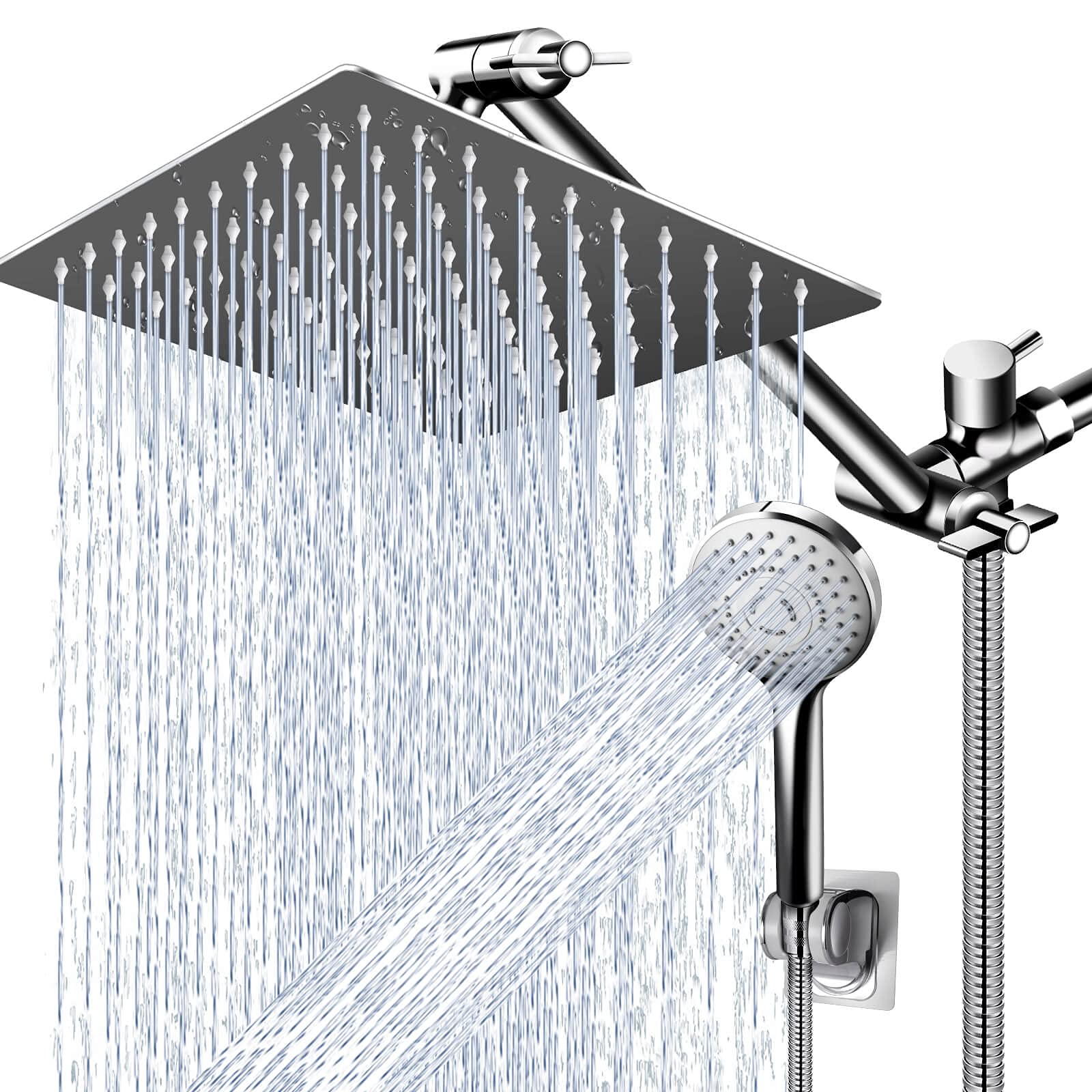 Shower Head Combo,10 Inch High Pressure Rain Shower Head with 11 Inch Adjustable Extension Arm and 5 Settings Handheld ,Powerful Shower Spray Against Low Pressure Water with Long Hose