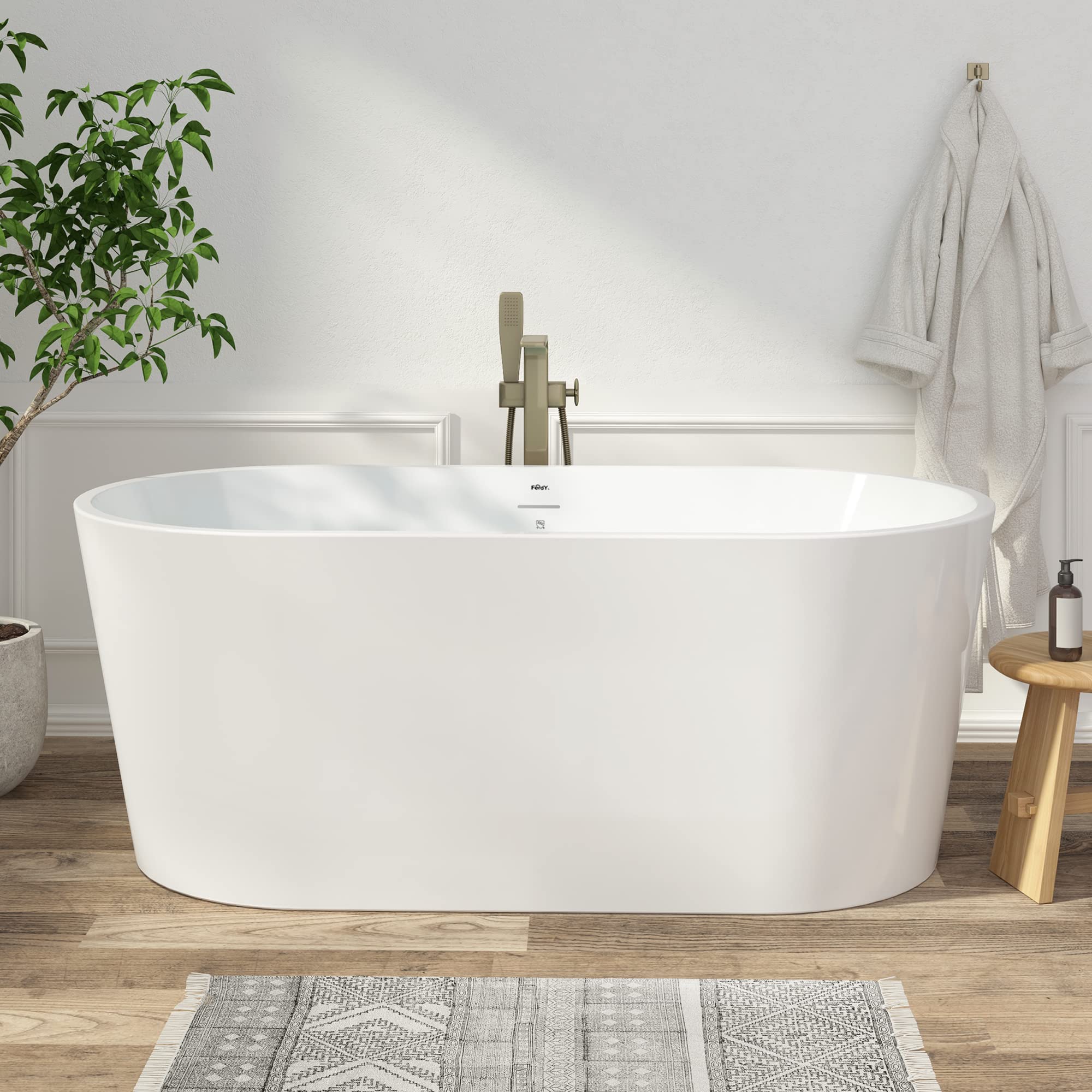 FerdY Shangri-La 67" Acrylic Freestanding Bathtub, Classic Oval Shape Acrylic Soaking Bathtub with Brushed Nickel Drain & Minimalist Linear Design Overflow, Modern White, cUPC Certified