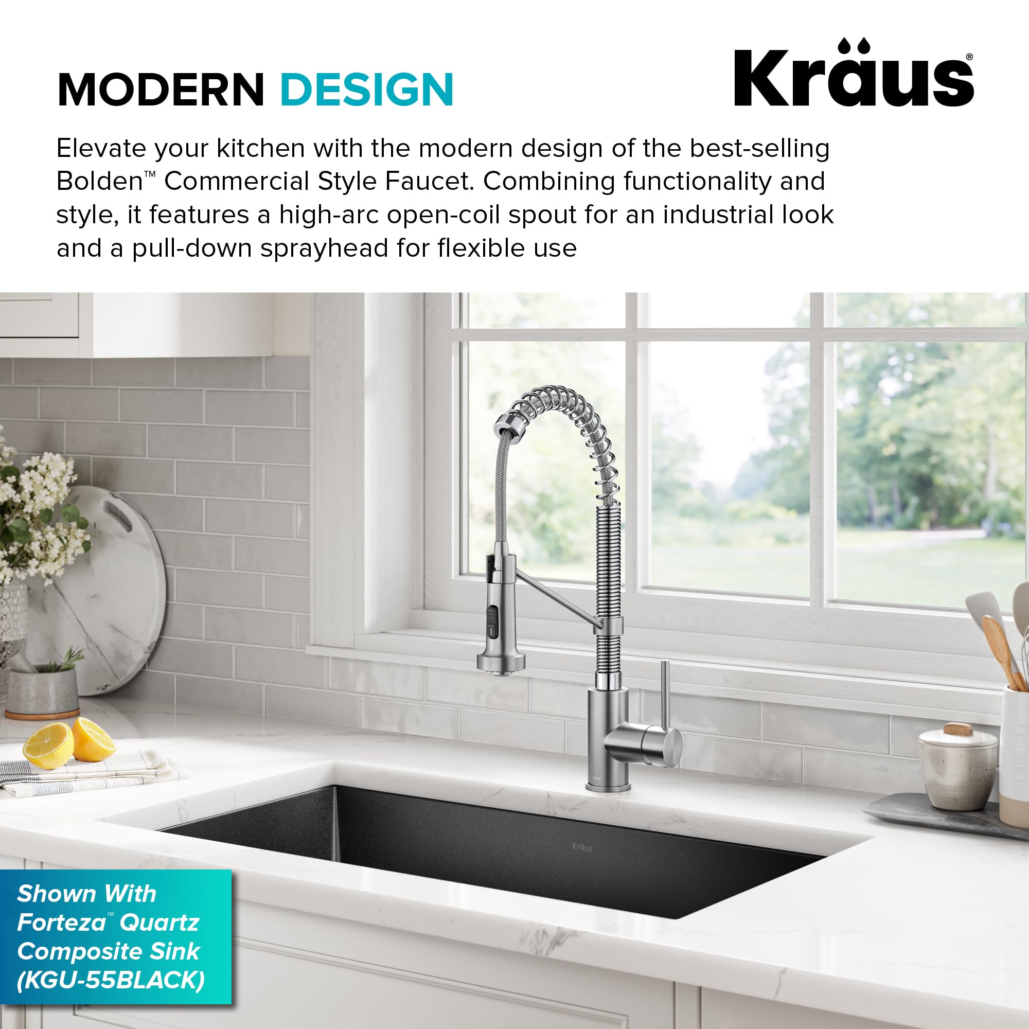 KRAUS Bolden Commercial Style Pull-Down Single Handle 18-Inch Kitchen Faucet in Brushed Brass/Matte Black, KPF-1610BBMB